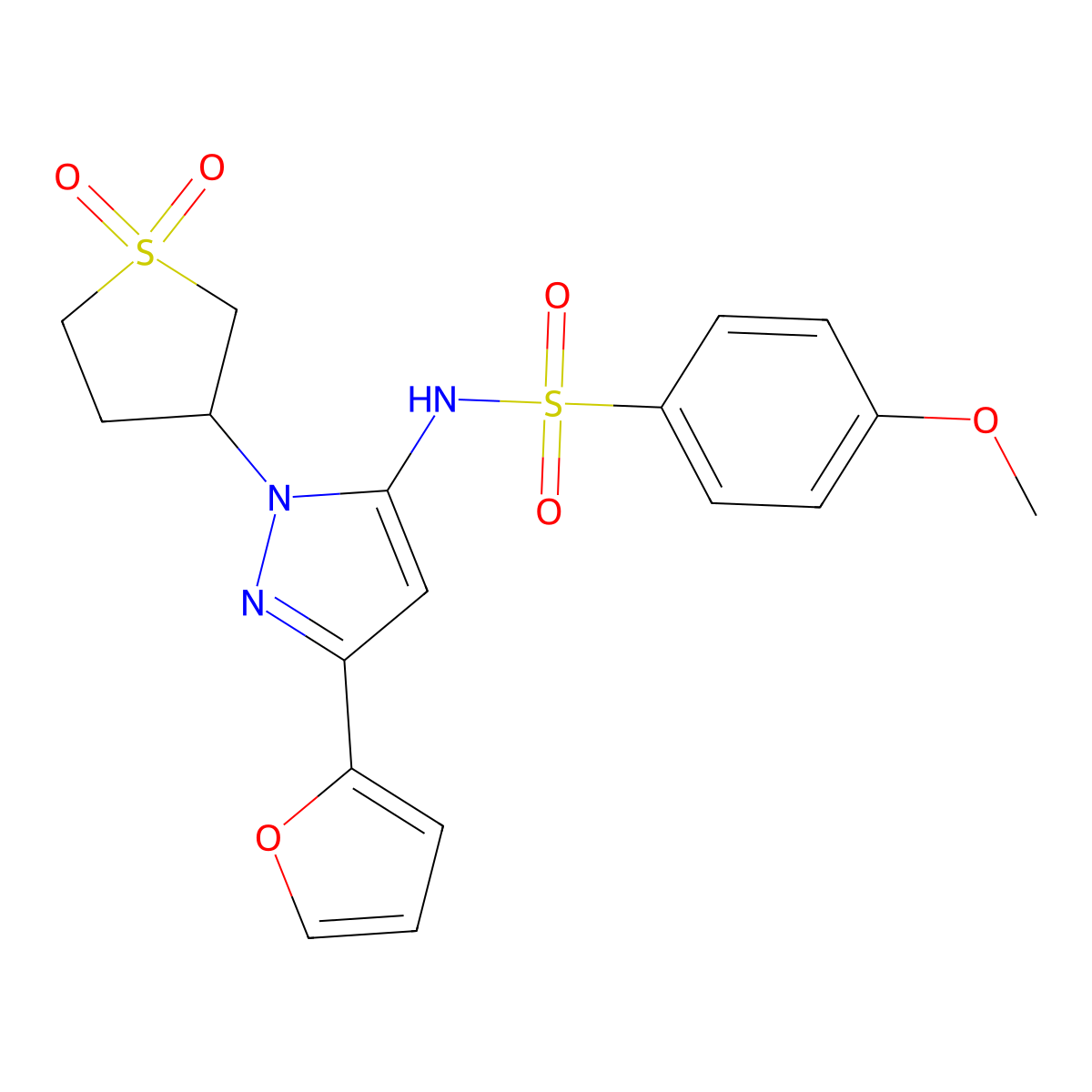 N-(1-(1,1-dioxidotetrahydrothiophen-3-yl)-3-(furan-2-yl)-1H-pyrazol-5-yl)-4-methoxybenzenesulfonamide molecular structure, CAS 1170240-44-4