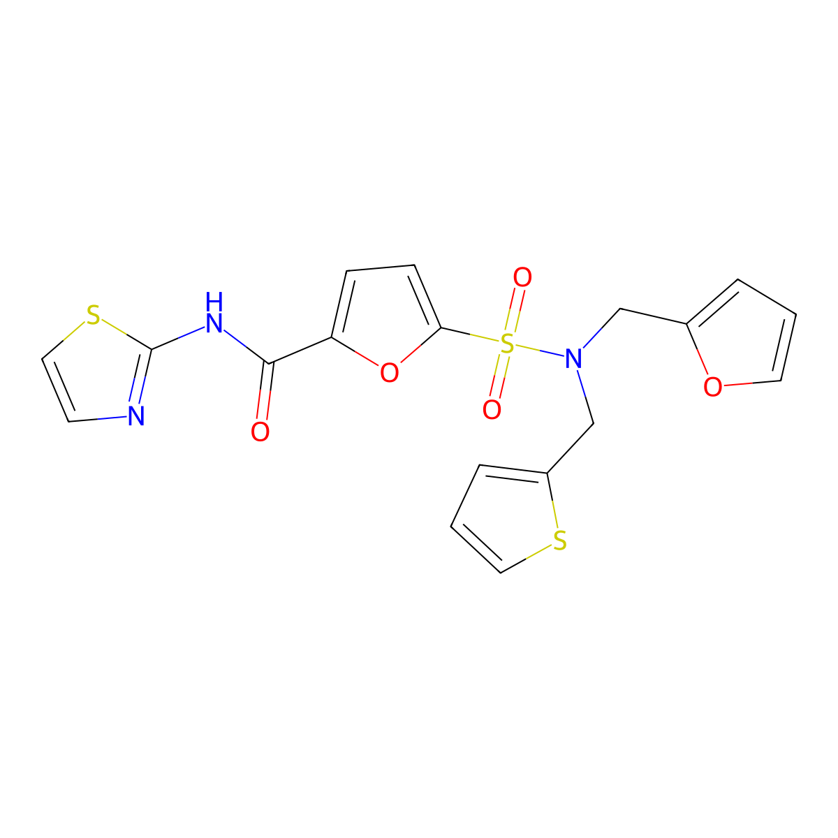 5-(N-(furan-2-ylmethyl)-N-(thiophen-2-ylmethyl)sulfamoyl)-N-(thiazol-2-yl)furan-2-carboxamide molecular structure, CAS 1170242-23-5