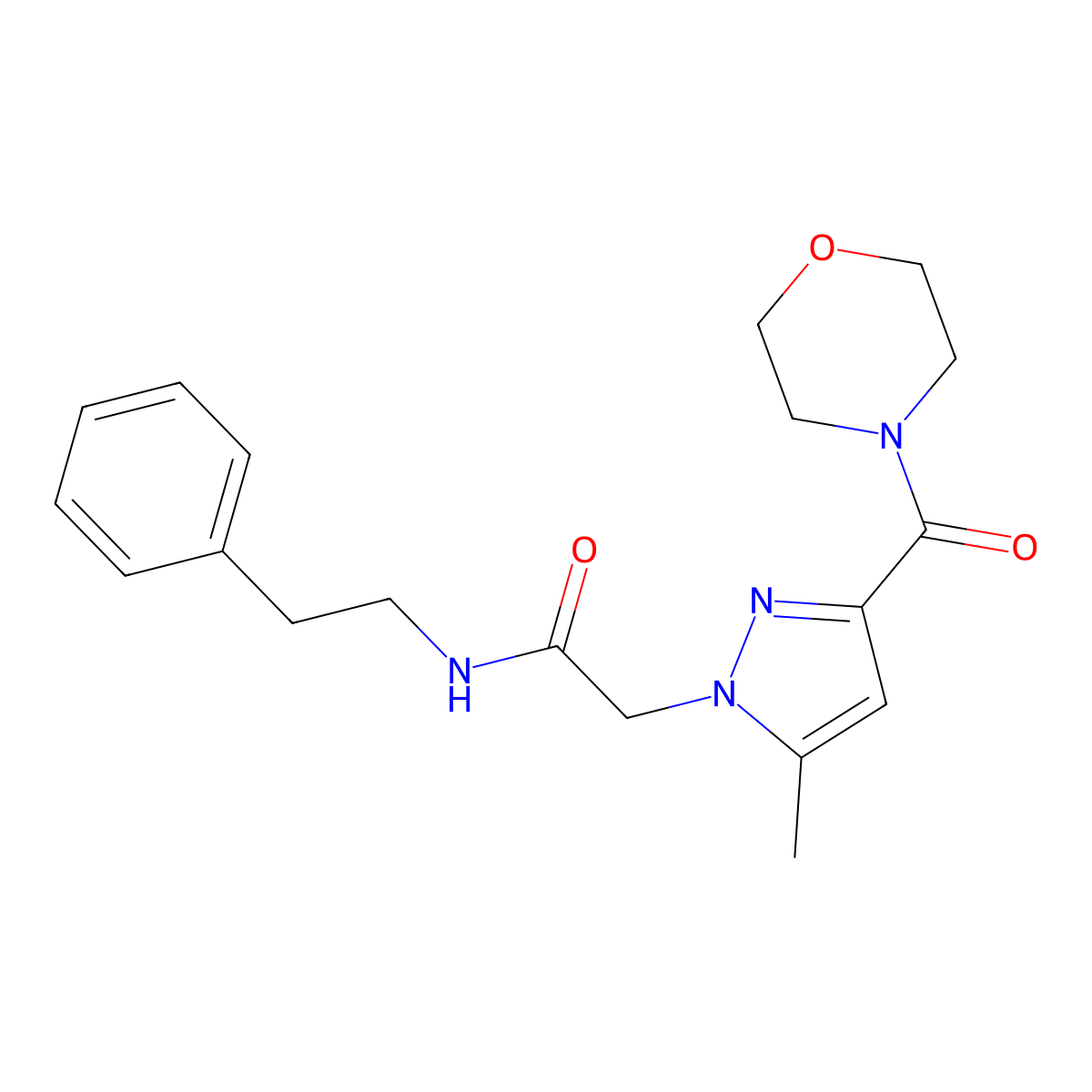 2-(5-methyl-3-(morpholine-4-carbonyl)-1H-pyrazol-1-yl)-N-phenethylacetamide molecular structure, CAS 1170243-72-7