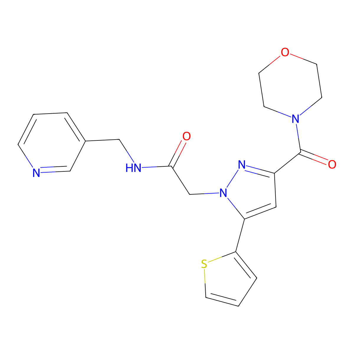 2-(3-(morpholine-4-carbonyl)-5-(thiophen-2-yl)-1H-pyrazol-1-yl)-N-(pyridin-3-ylmethyl)acetamide molecular structure, CAS 1170244-46-8