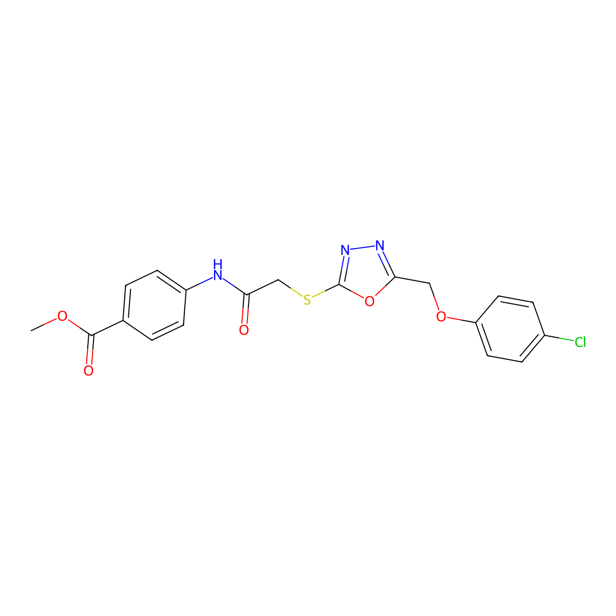 Methyl 4-(2-((5-((4-chlorophenoxy)methyl)-1,3,4-oxadiazol-2-yl)thio)acetamido)benzoate molecular structure, CAS 1170247-01-4