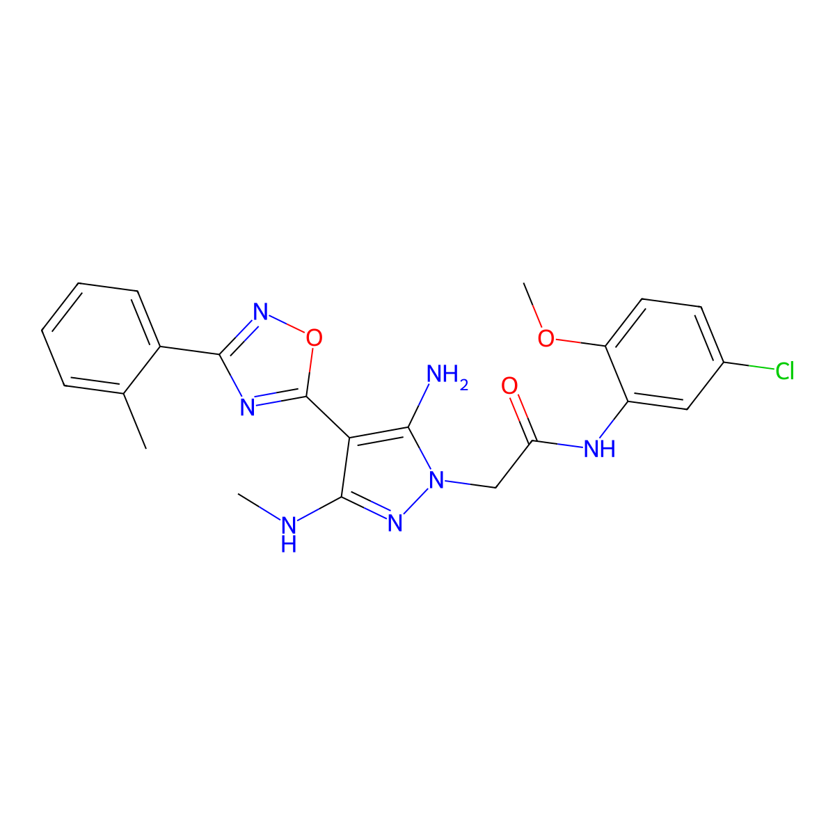 2-(5-amino-3-(methylamino)-4-(3-(o-tolyl)-1,2,4-oxadiazol-5-yl)-1H-pyrazol-1-yl)-N-(5-chloro-2-methoxyphenyl)acetamide molecular structure, CAS 1170249-05-4