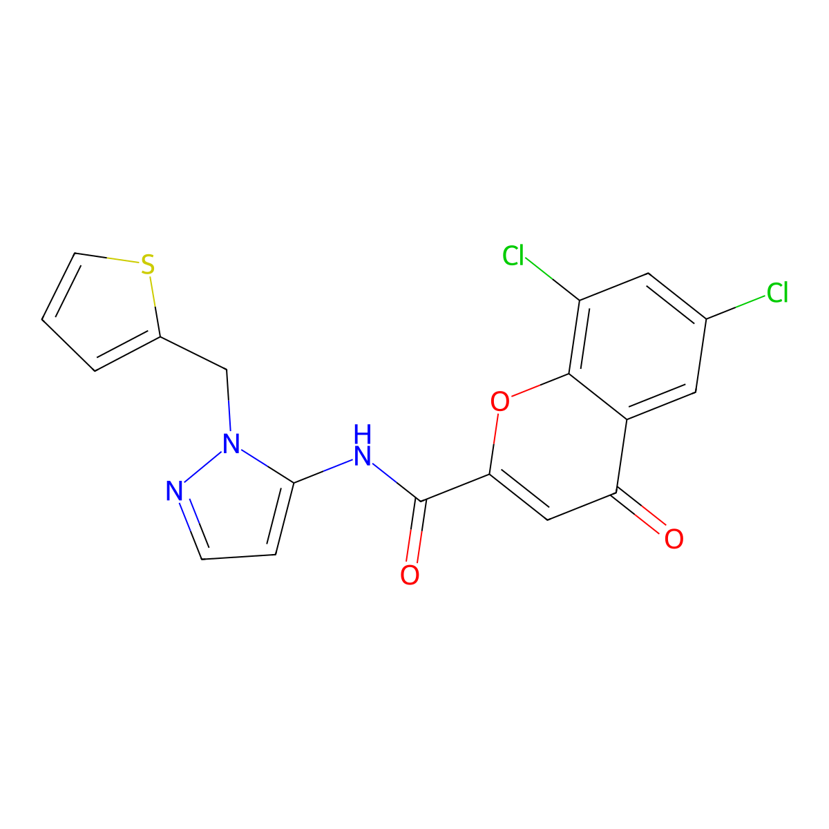 6,8-dichloro-4-oxo-N-[1-(thiophen-2-ylmethyl)-1H-pyrazol-5-yl]-4H-chromene-2-carboxamide molecular structure, CAS 1170249-20-3