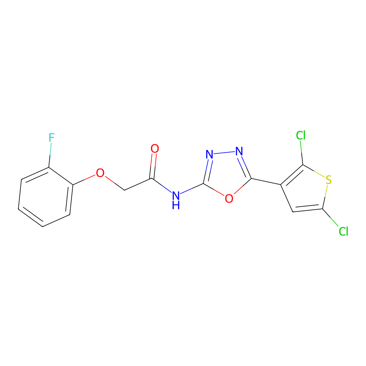 N-(5-(2,5-dichlorothiophen-3-yl)-1,3,4-oxadiazol-2-yl)-2-(2-fluorophenoxy)acetamide molecular structure, CAS 1170257-15-4