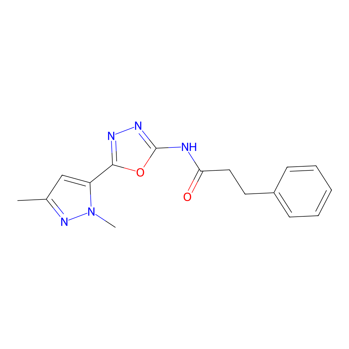 N-[5-(1,3-dimethyl-1H-pyrazol-5-yl)-1,3,4-oxadiazol-2-yl]-3-phenylpropanamide molecular structure, CAS 1170261-99-0