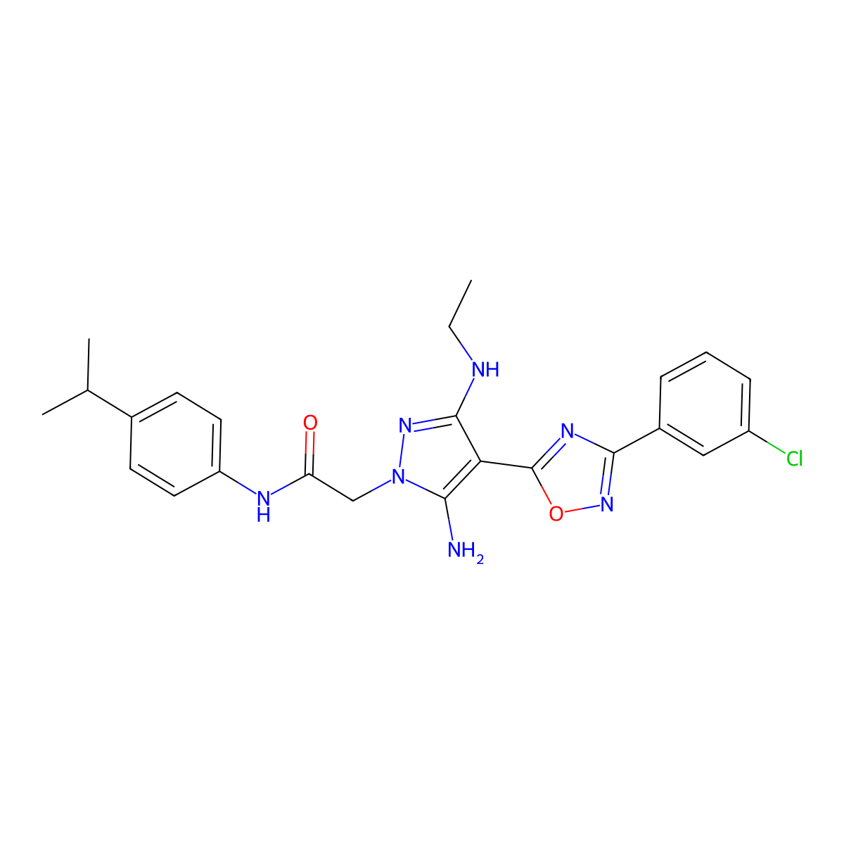 2-{5-amino-4-[3-(3-chlorophenyl)-1,2,4-oxadiazol-5-yl]-3-(ethylamino)-1H-pyrazol-1-yl}-N-[4-(propan-2-yl)phenyl]acetamide molecular structure, CAS 1170263-58-7