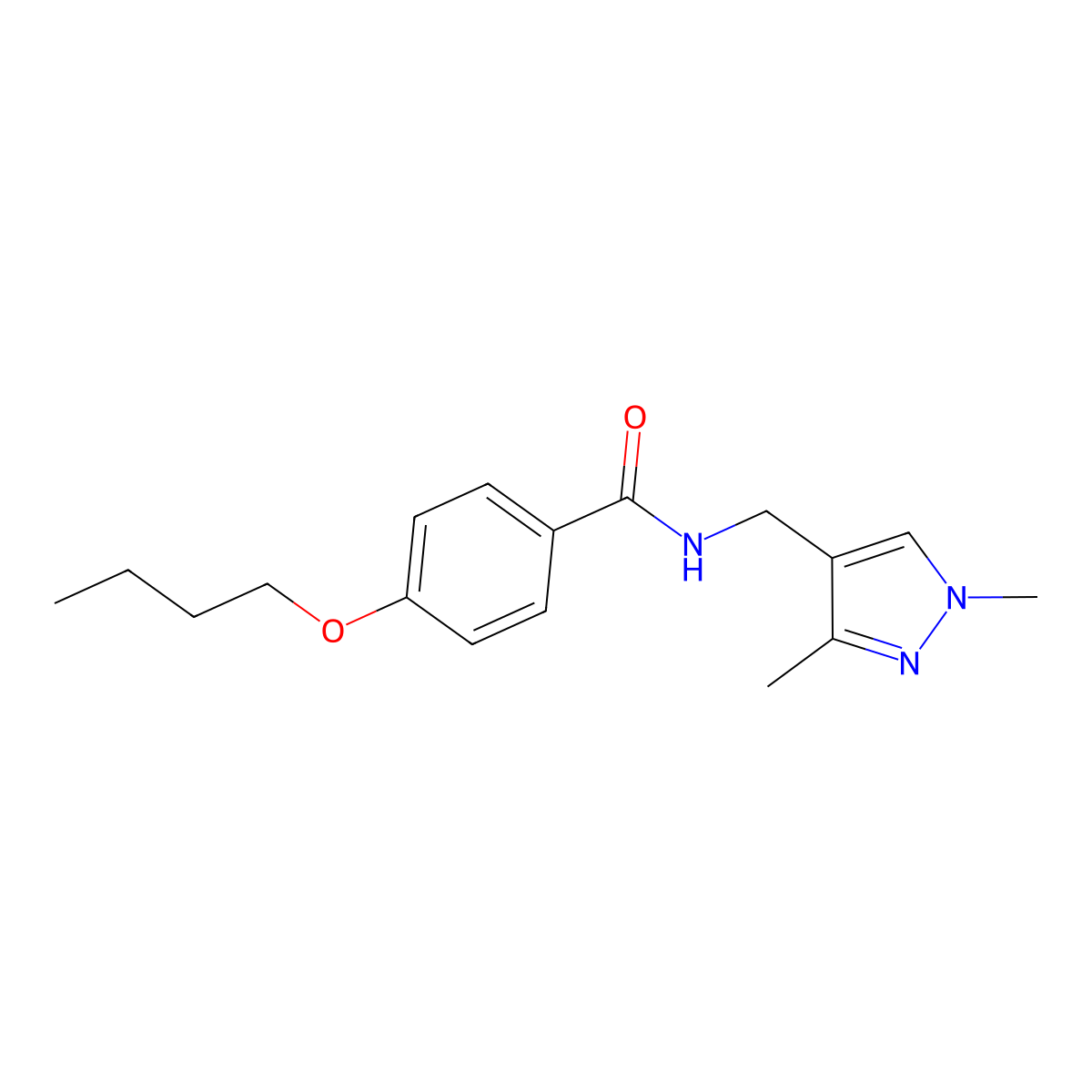 4-butoxy-N-((1,3-dimethyl-1H-pyrazol-4-yl)methyl)benzamide molecular structure, CAS 1170264-37-5
