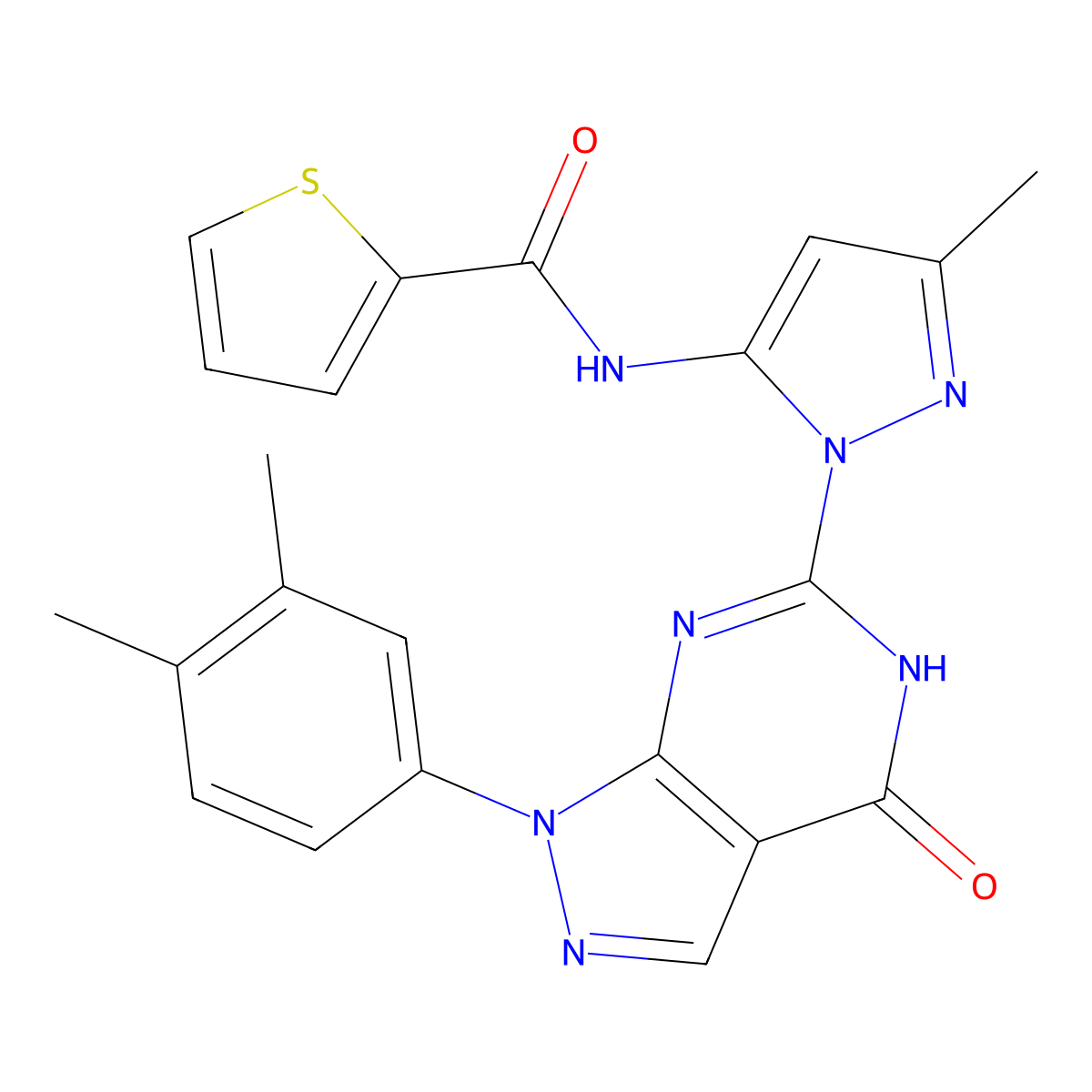 N-(1-(1-(3,4-dimethylphenyl)-4-oxo-4,5-dihydro-1H-pyrazolo[3,4-d]pyrimidin-6-yl)-3-methyl-1H-pyrazol-5-yl)thiophene-2-carboxamide molecular structure, CAS 1170264-95-5