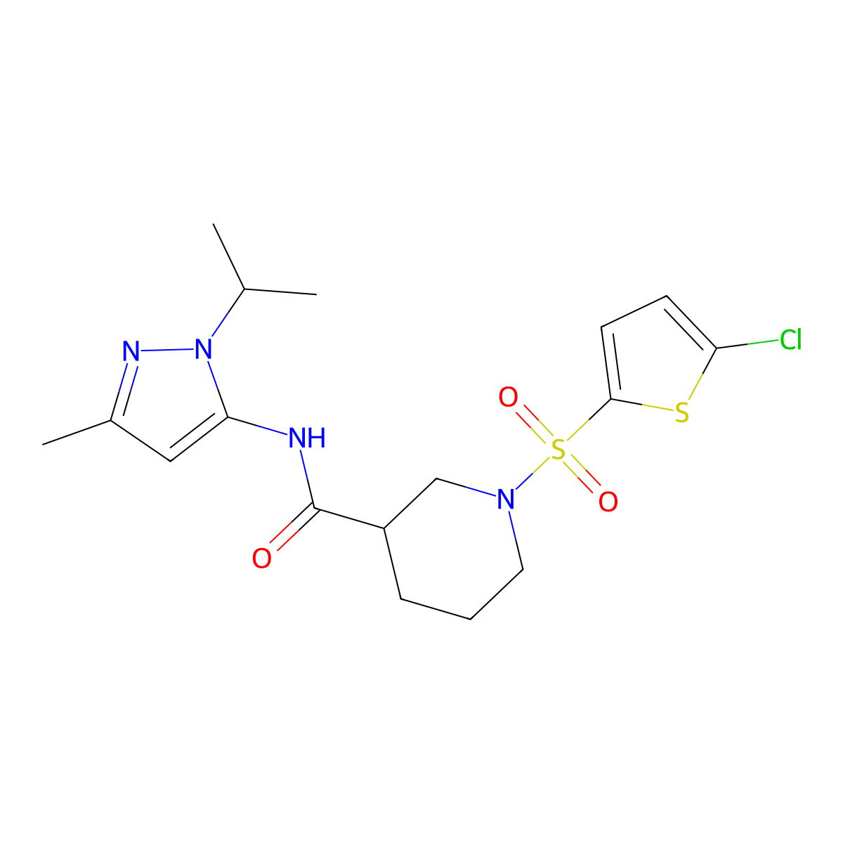 1-((5-chlorothiophen-2-yl)sulfonyl)-N-(1-isopropyl-3-methyl-1H-pyrazol-5-yl)piperidine-3-carboxamide molecular structure, CAS 1170265-99-2