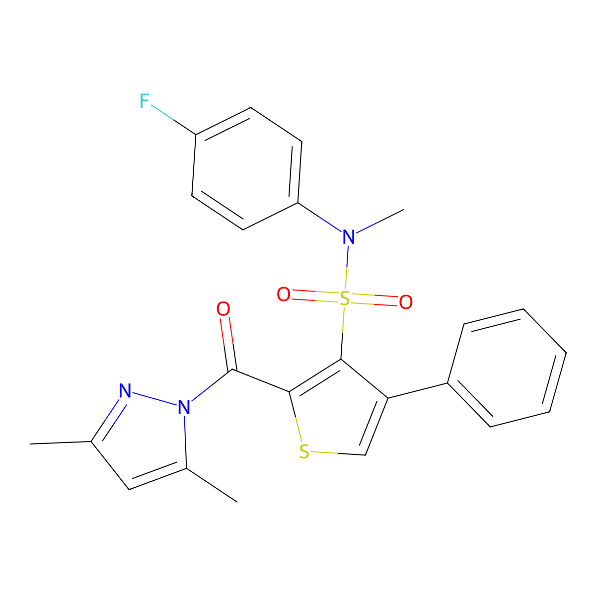 2-(3,5-dimethyl-1H-pyrazole-1-carbonyl)-N-(4-fluorophenyl)-N-methyl-4-phenylthiophene-3-sulfonamide molecular structure, CAS 1170266-71-3