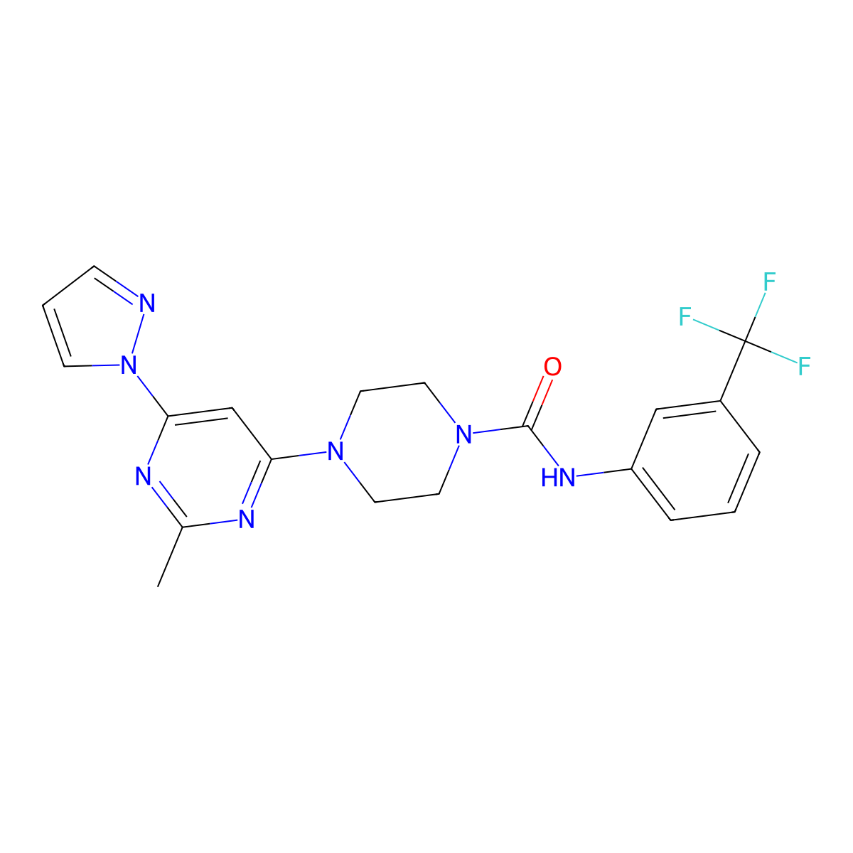4-[2-methyl-6-(1H-pyrazol-1-yl)pyrimidin-4-yl]-N-[3-(trifluoromethyl)phenyl]piperazine-1-carboxamide molecular structure, CAS 1170267-85-2