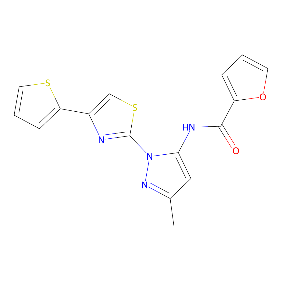 N-{3-methyl-1-[4-(thiophen-2-yl)-1,3-thiazol-2-yl]-1H-pyrazol-5-yl}furan-2-carboxamide molecular structure, CAS 1170267-93-2