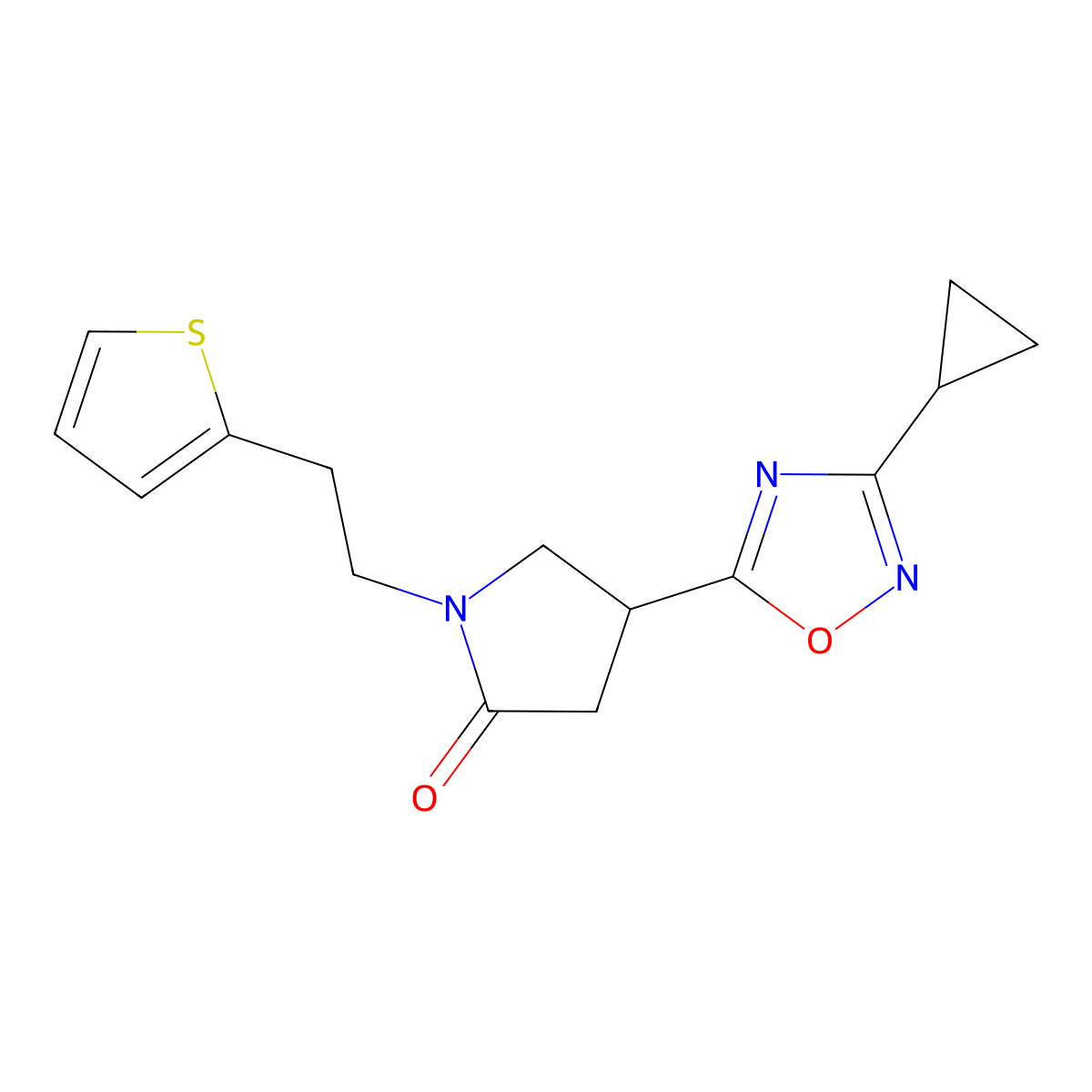 4-(3-Cyclopropyl-1,2,4-oxadiazol-5-yl)-1-(2-(thiophen-2-yl)ethyl)pyrrolidin-2-one molecular structure, CAS 1170274-66-4