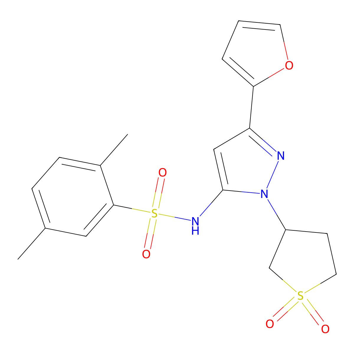 N-(1-(1,1-dioxidotetrahydrothiophen-3-yl)-3-(furan-2-yl)-1H-pyrazol-5-yl)-2,5-dimethylbenzenesulfonamide molecular structure, CAS 1170277-75-4
