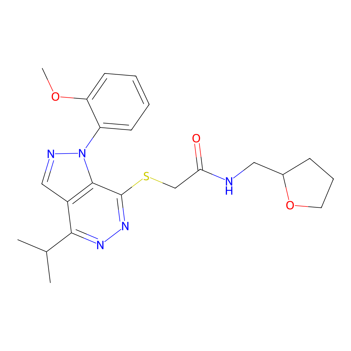 2-((4-isopropyl-1-(2-methoxyphenyl)-1H-pyrazolo[3,4-d]pyridazin-7-yl)thio)-N-((tetrahydrofuran-2-yl)methyl)acetamide molecular structure, CAS 1170282-78-6