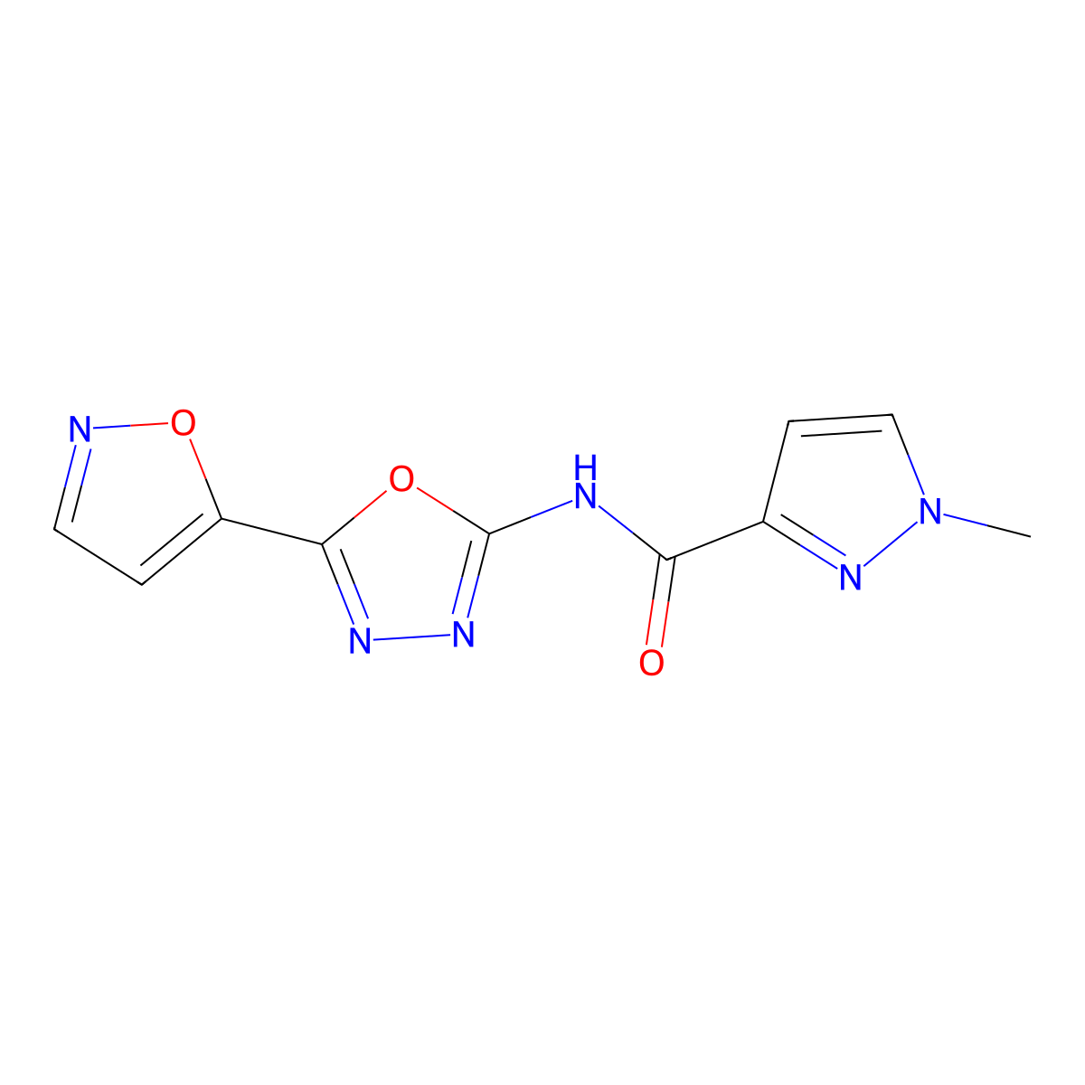 N-(5-(isoxazol-5-yl)-1,3,4-oxadiazol-2-yl)-1-methyl-1H-pyrazole-3-carboxamide molecular structure, CAS 1170282-86-6