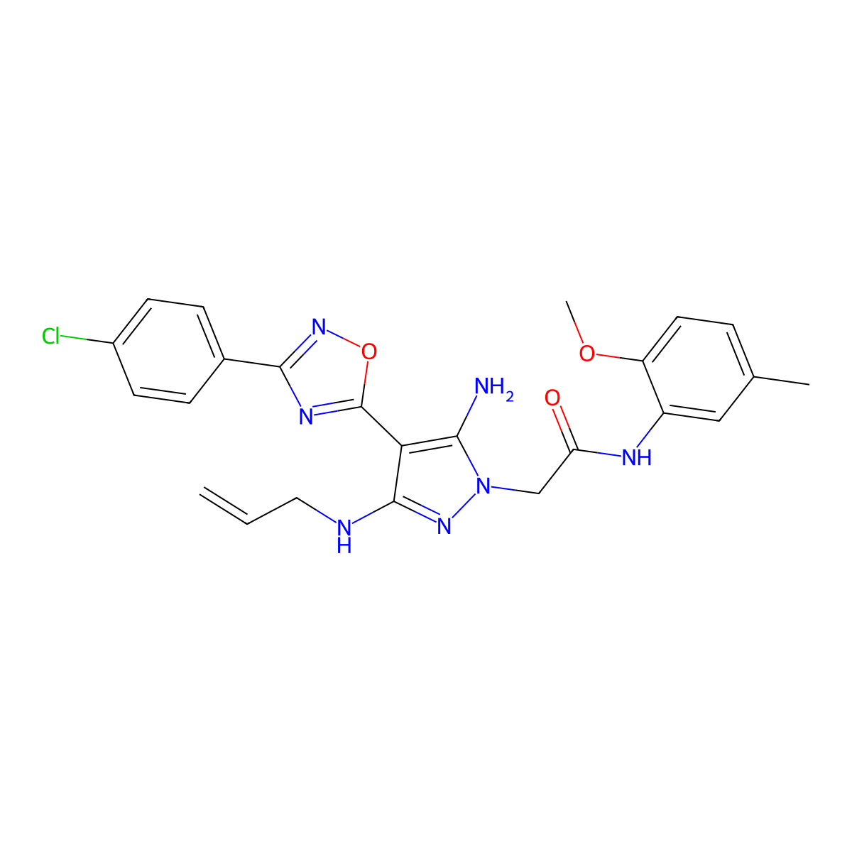 2-(3-(allylamino)-5-amino-4-(3-(4-chlorophenyl)-1,2,4-oxadiazol-5-yl)-1H-pyrazol-1-yl)-N-(2-methoxy-5-methylphenyl)acetamide molecular structure, CAS 1170285-00-3