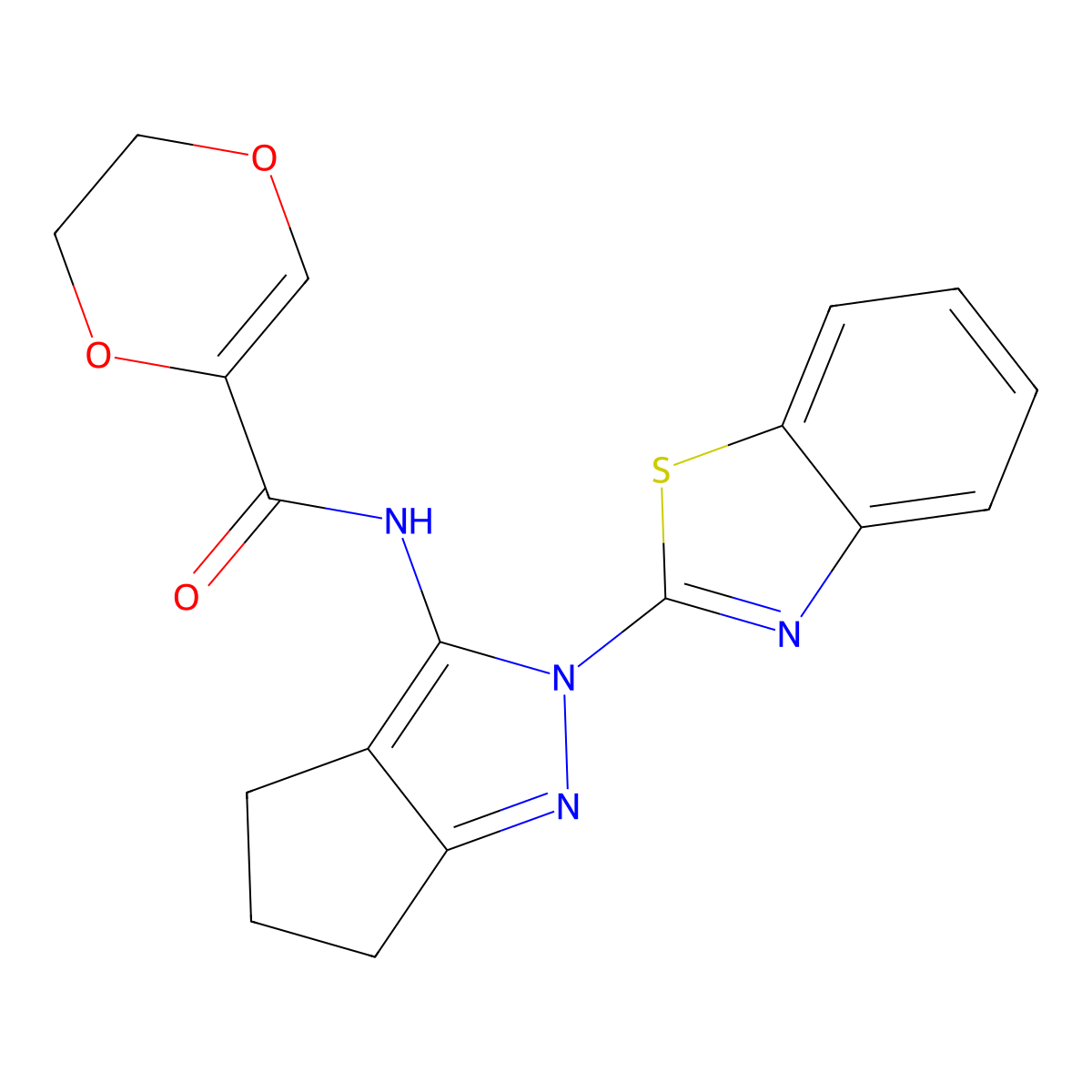 N-(2-(benzo[d]thiazol-2-yl)-2,4,5,6-tetrahydrocyclopenta[c]pyrazol-3-yl)-5,6-dihydro-1,4-dioxine-2-carboxamide molecular structure, CAS 1170287-25-8