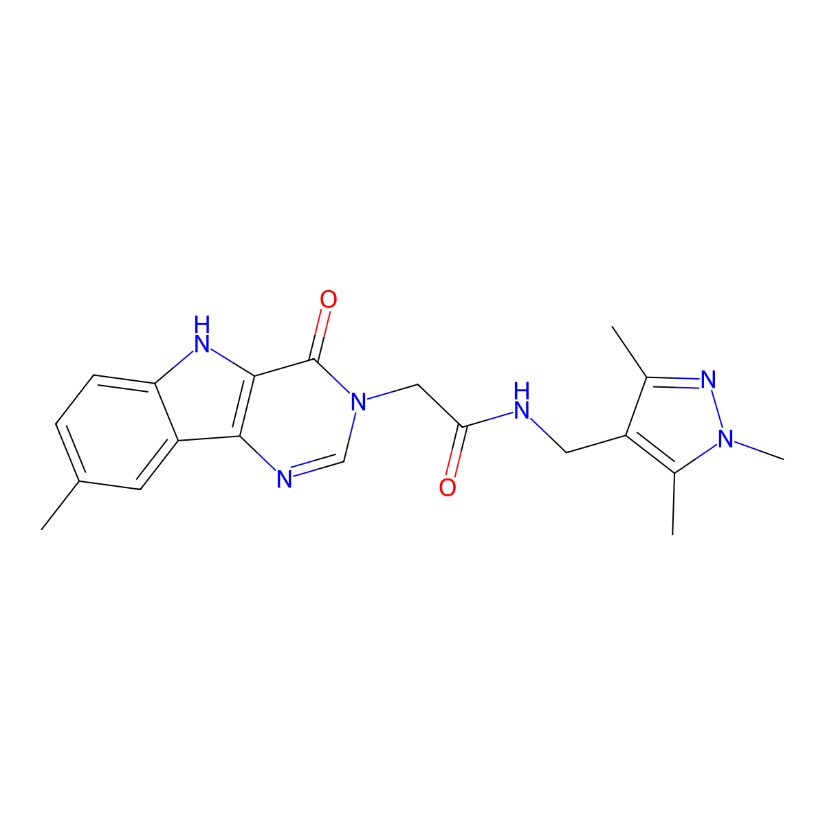 2-(8-methyl-4-oxo-4,5-dihydro-3H-pyrimido[5,4-b]indol-3-yl)-N-((1,3,5-trimethyl-1H-pyrazol-4-yl)methyl)acetamide molecular structure, CAS 1170291-90-3