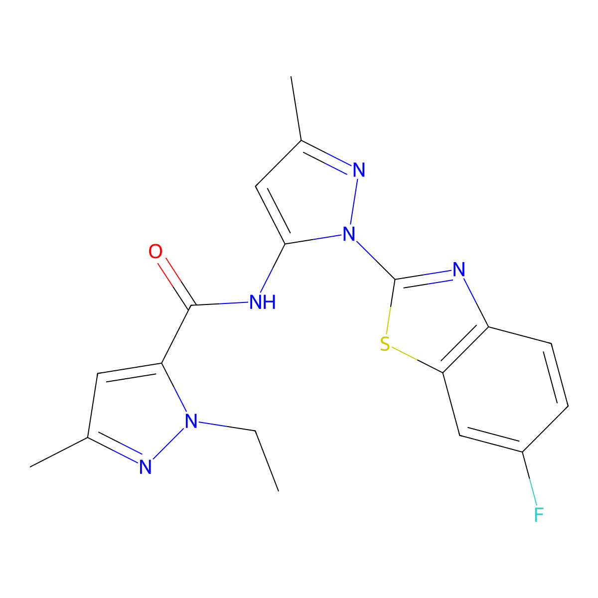 1-ethyl-N-(1-(6-fluorobenzo[d]thiazol-2-yl)-3-methyl-1H-pyrazol-5-yl)-3-methyl-1H-pyrazole-5-carboxamide molecular structure, CAS 1170293-73-8