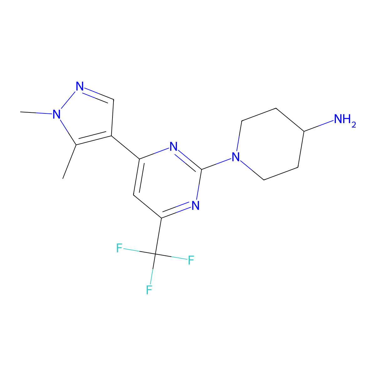 1-(4-(1,5-Dimethyl-1H-pyrazol-4-yl)-6-(trifluoromethyl)pyrimidin-2-yl)piperidin-4-amine molecular structure, CAS 1170294-71-9