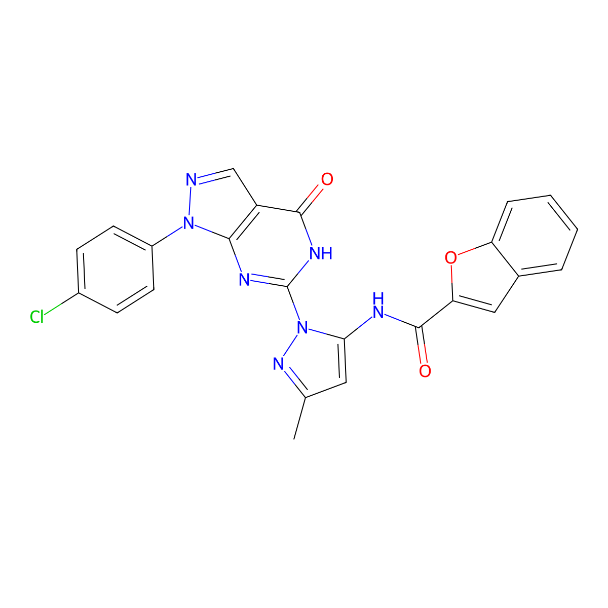 N-(1-(1-(4-chlorophenyl)-4-oxo-4,5-dihydro-1H-pyrazolo[3,4-d]pyrimidin-6-yl)-3-methyl-1H-pyrazol-5-yl)benzofuran-2-carboxamide molecular structure, CAS 1170295-90-5