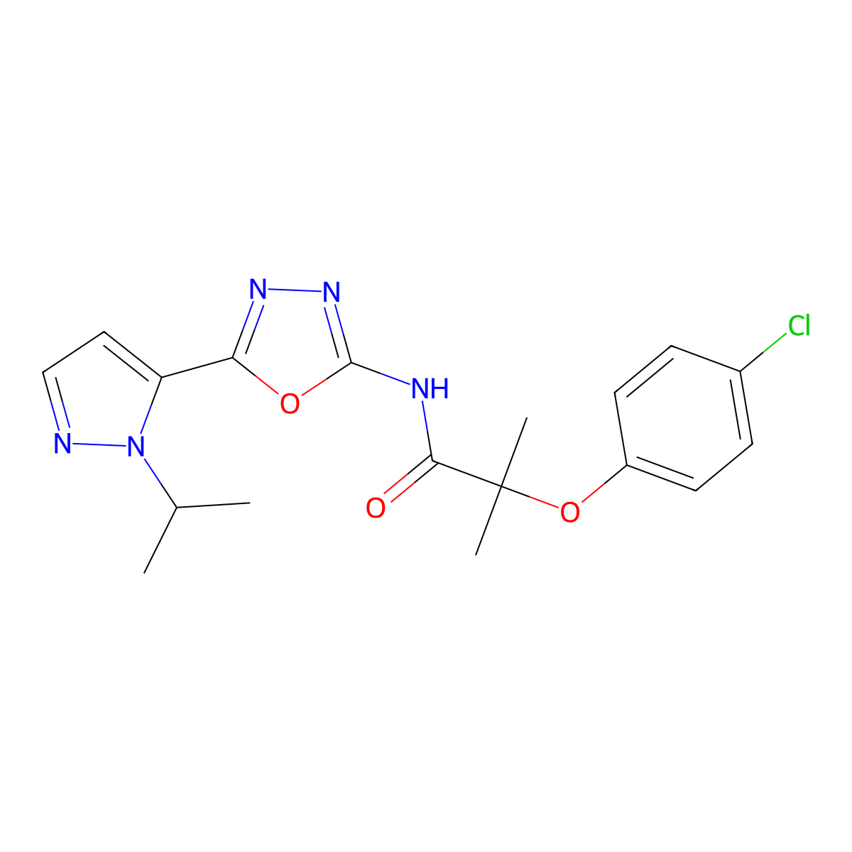 2-(4-chlorophenoxy)-N-(5-(1-isopropyl-1H-pyrazol-5-yl)-1,3,4-oxadiazol-2-yl)-2-methylpropanamide molecular structure, CAS 1170299-11-2