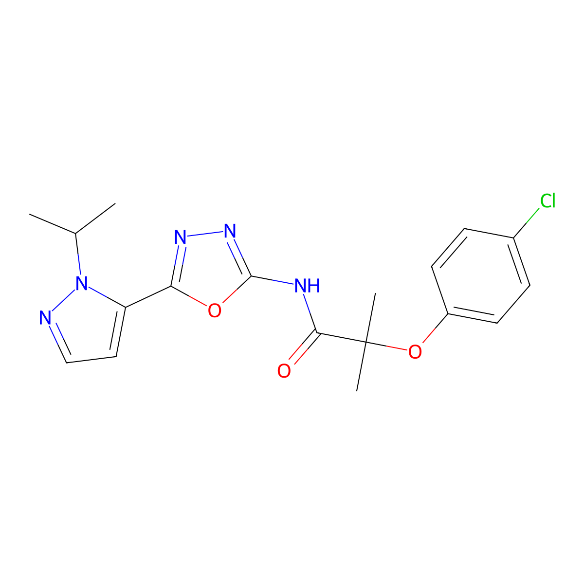 2-(4-chlorophenoxy)-N-(5-(1-isopropyl-1H-pyrazol-5-yl)-1,3,4-oxadiazol-2-yl)-2-methylpropanamide molecular structure, CAS 1170299-11-2