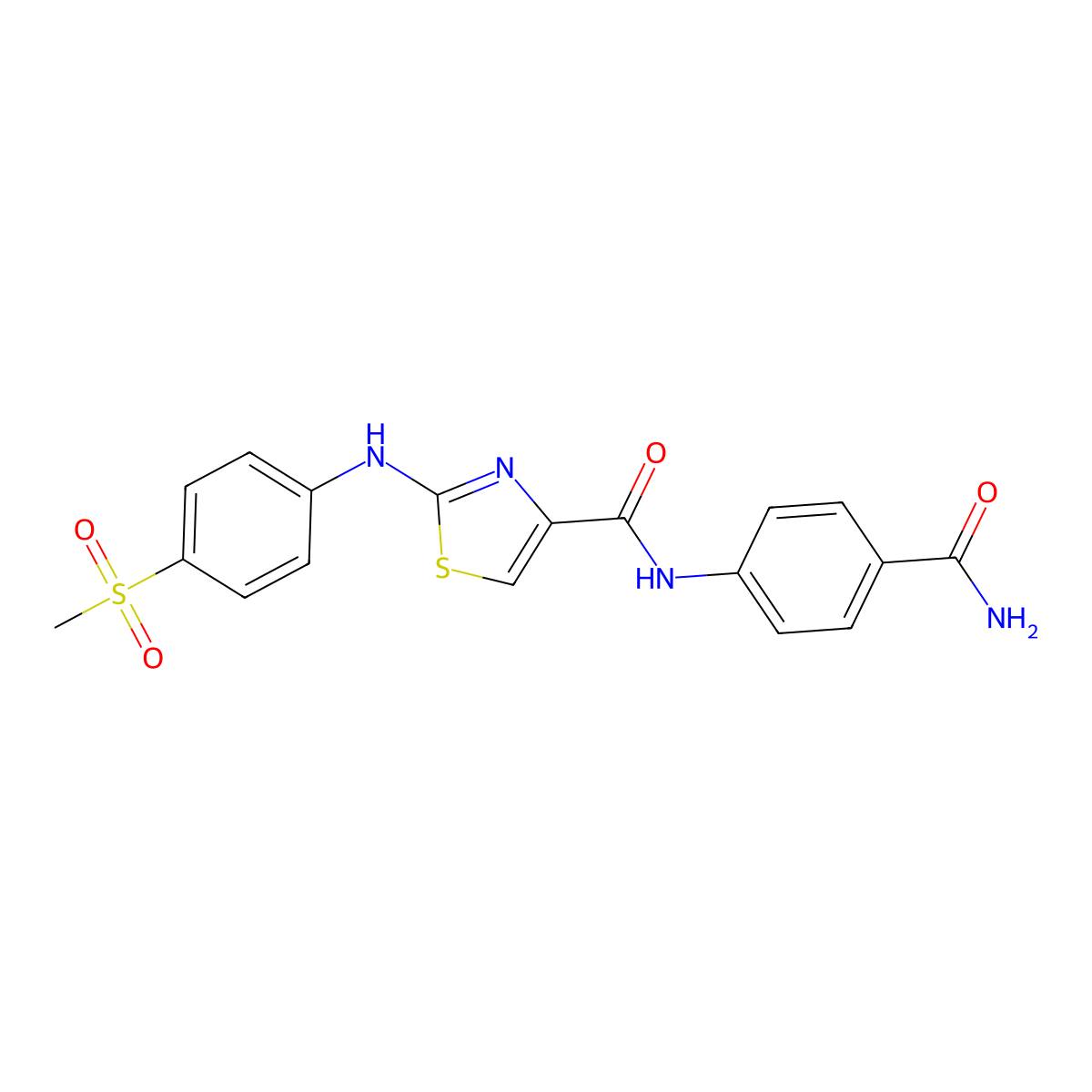 N-(4-carbamoylphenyl)-2-((4-(methylsulfonyl)phenyl)amino)thiazole-4-carboxamide molecular structure, CAS 1170299-74-7
