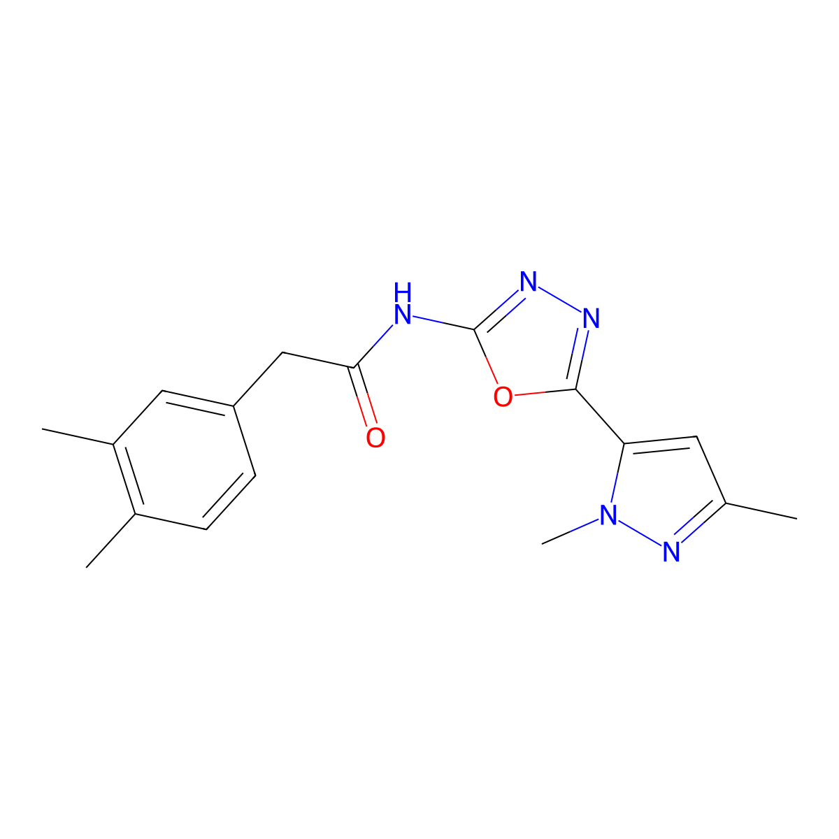 N-[5-(1,3-dimethyl-1H-pyrazol-5-yl)-1,3,4-oxadiazol-2-yl]-2-(3,4-dimethylphenyl)acetamide molecular structure, CAS 1170299-76-9