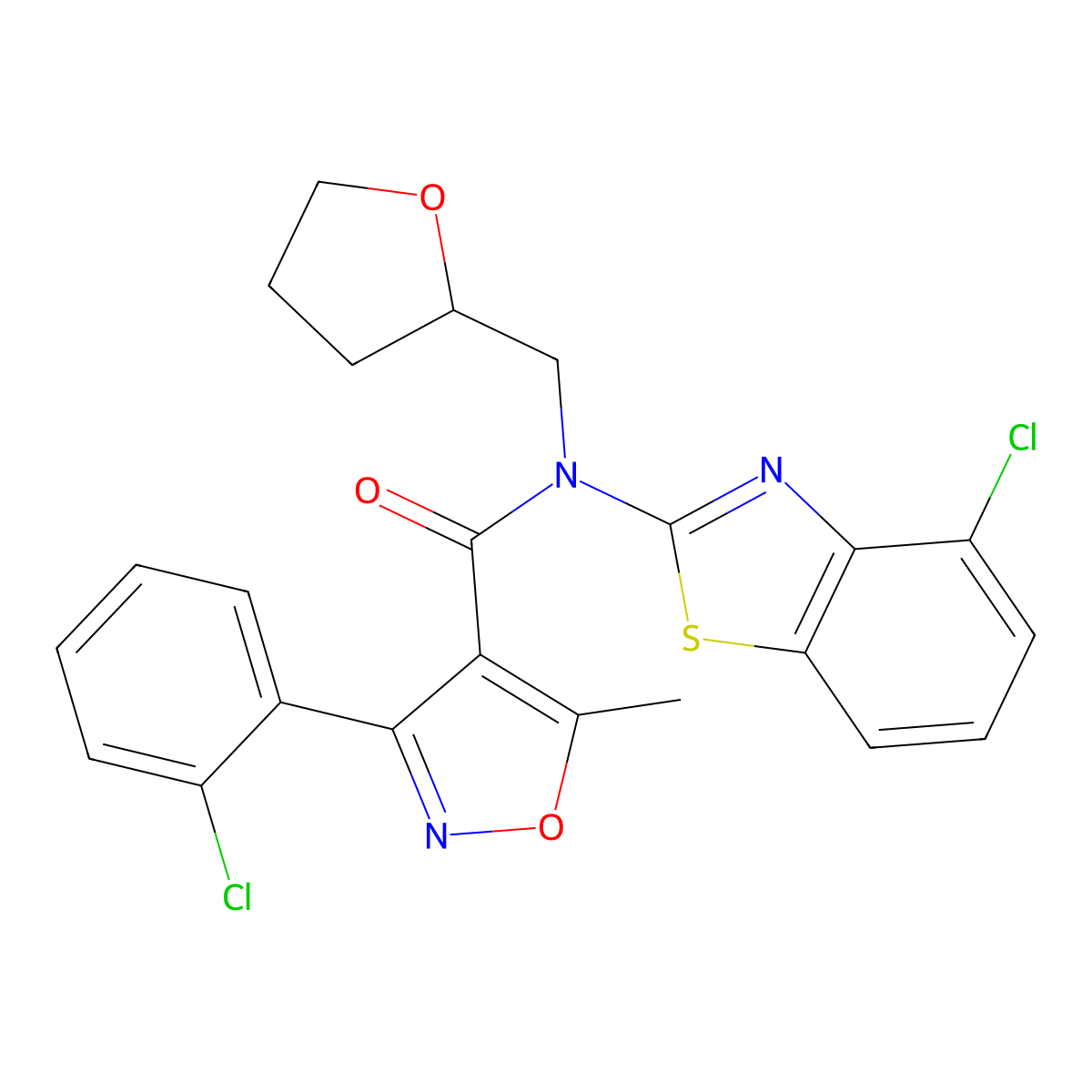 N-(4-chlorobenzo[d]thiazol-2-yl)-3-(2-chlorophenyl)-5-methyl-N-((tetrahydrofuran-2-yl)methyl)isoxazole-4-carboxamide molecular structure, CAS 1170359-83-7