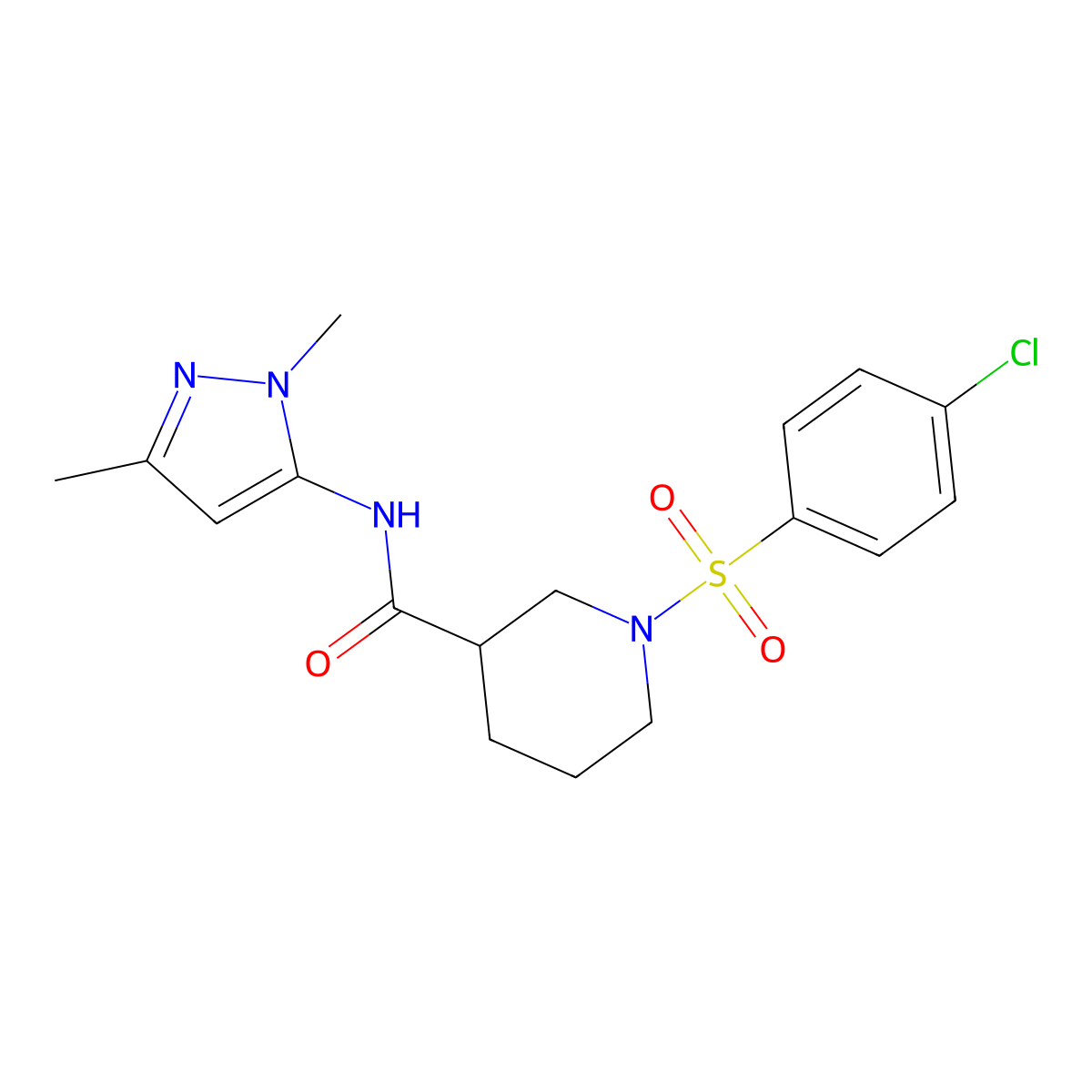 1-((4-chlorophenyl)sulfonyl)-N-(1,3-dimethyl-1H-pyrazol-5-yl)piperidine-3-carboxamide molecular structure, CAS 1170362-43-2