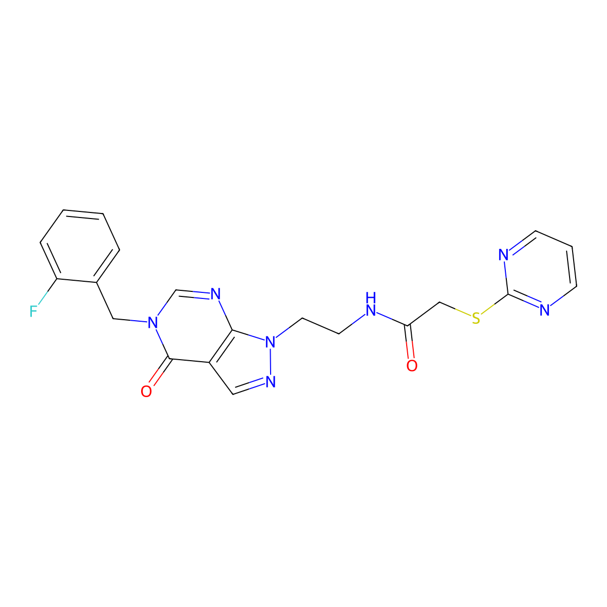 N-(2-(5-(2-fluorobenzyl)-4-oxo-4,5-dihydro-1H-pyrazolo[3,4-d]pyrimidin-1-yl)ethyl)-2-(pyrimidin-2-ylthio)acetamide molecular structure, CAS 1170362-58-9