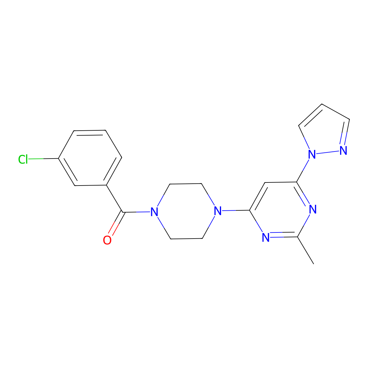 (3-chlorophenyl)(4-(2-methyl-6-(1H-pyrazol-1-yl)pyrimidin-4-yl)piperazin-1-yl)methanone molecular structure, CAS 1170363-39-9