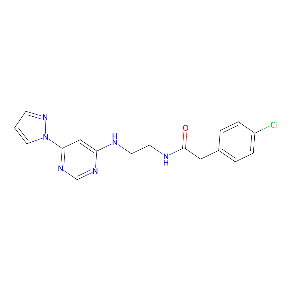N-(2-((6-(1H-pyrazol-1-yl)pyrimidin-4-yl)amino)ethyl)-2-(4-chlorophenyl)acetamide molecular structure, CAS 1170363-91-3