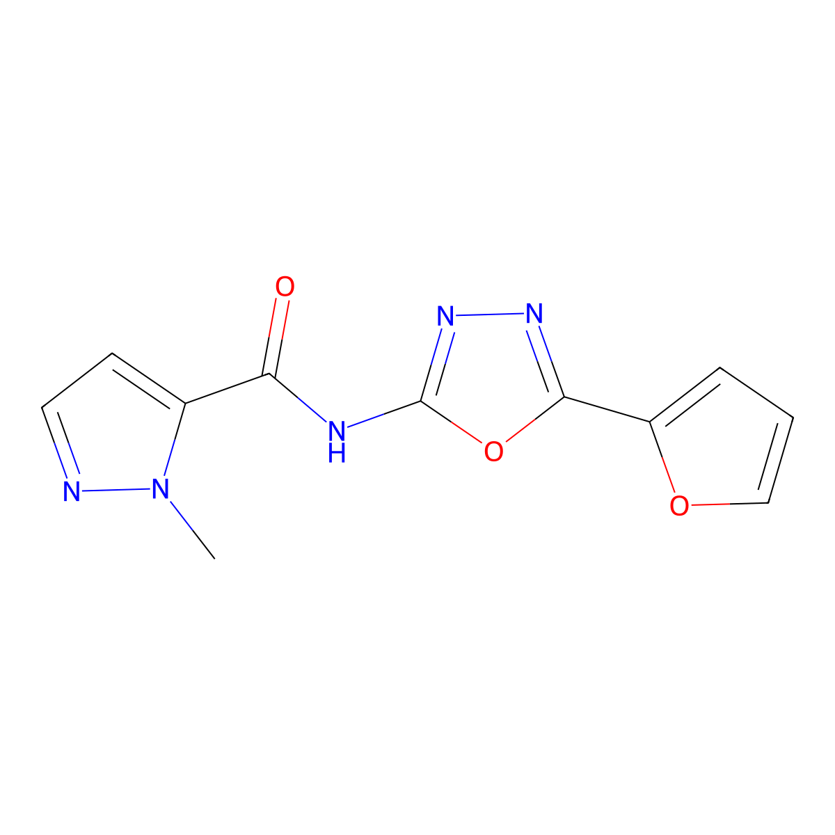 N-(5-(furan-2-yl)-1,3,4-oxadiazol-2-yl)-1-methyl-1H-pyrazole-5-carboxamide molecular structure, CAS 1170366-02-5