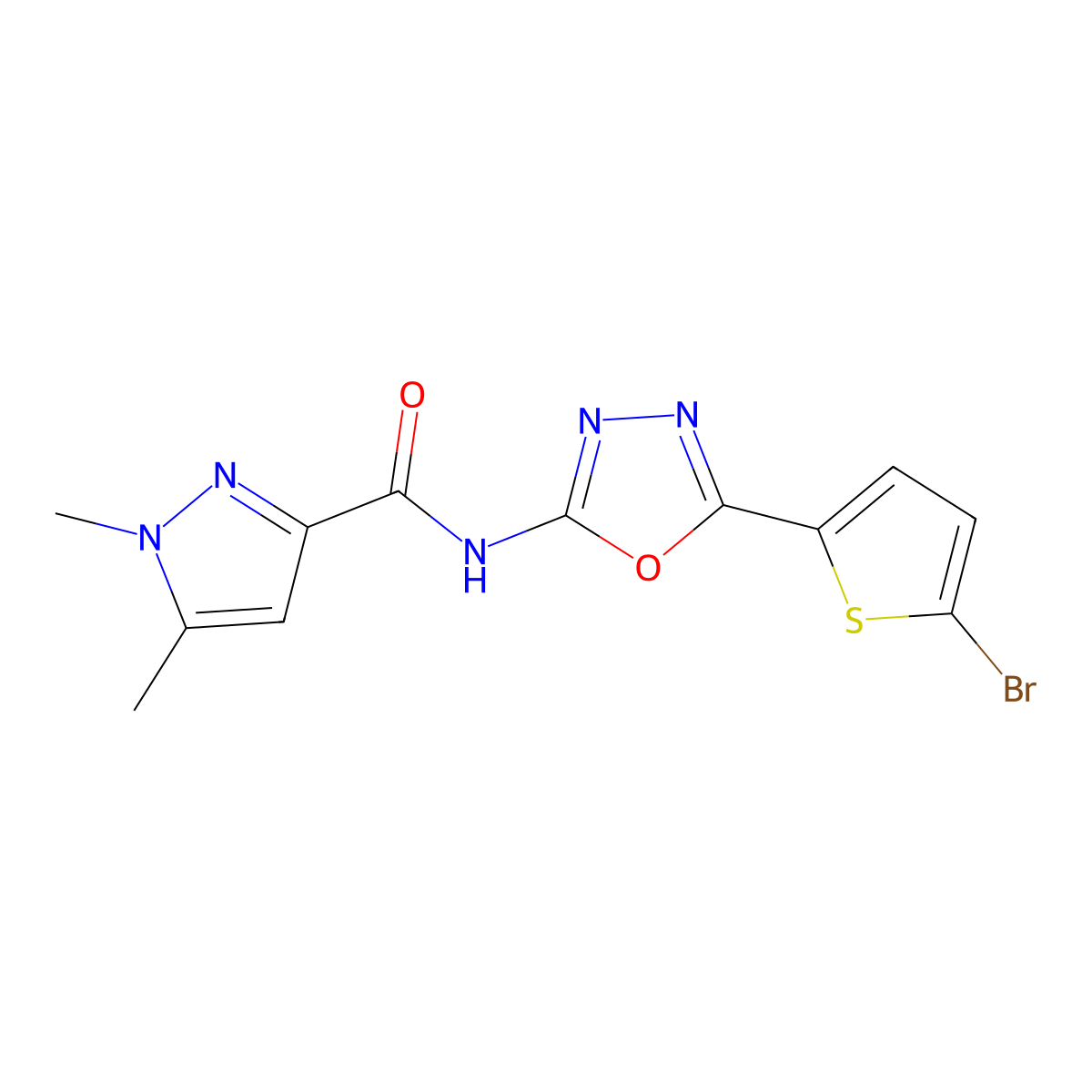 N-[5-(5-bromothiophen-2-yl)-1,3,4-oxadiazol-2-yl]-1,5-dimethyl-1H-pyrazole-3-carboxamide molecular structure, CAS 1170367-55-1