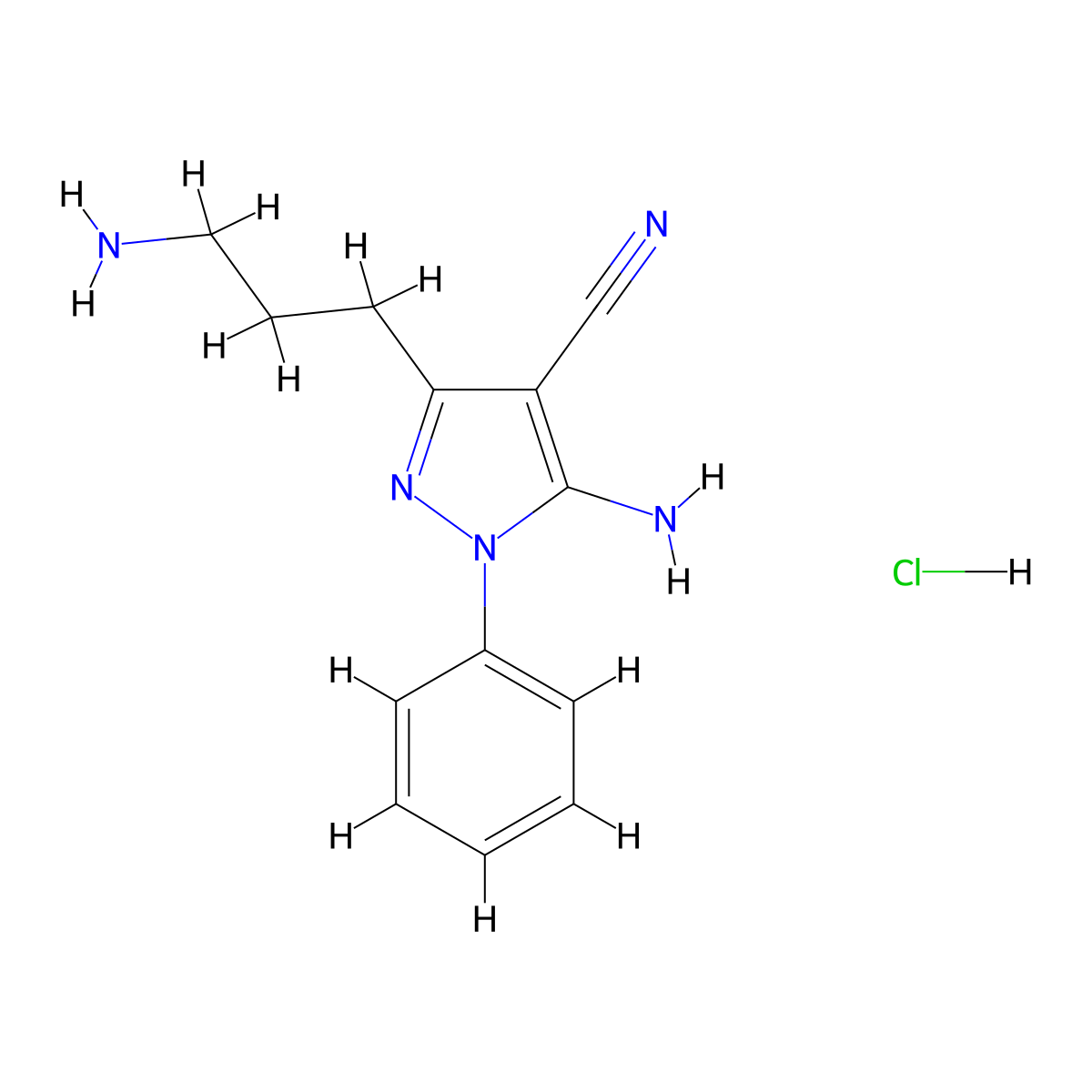 5-amino-3-(3-aminopropyl)-1-phenyl-1H-pyrazole-4-carbonitrile hydrochloride molecular structure, CAS 1170367-63-1