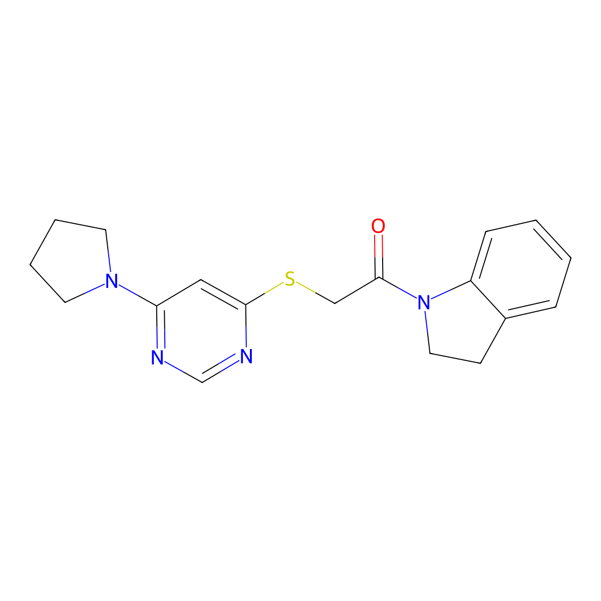 1-(Indolin-1-yl)-2-((6-(pyrrolidin-1-yl)pyrimidin-4-yl)thio)ethanone molecular structure, CAS 1170367-91-5