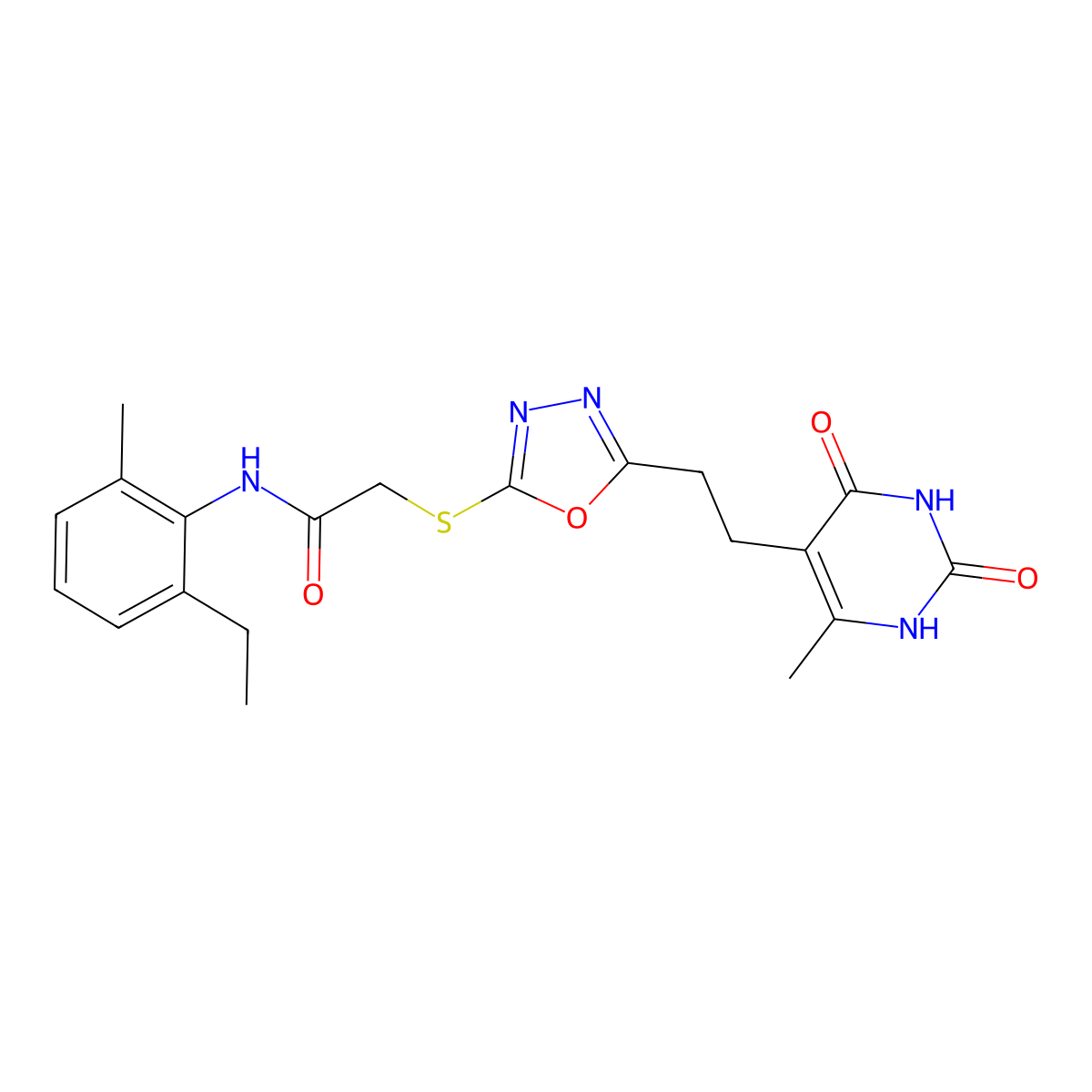 N-(2-ethyl-6-methylphenyl)-2-((5-(2-(6-methyl-2,4-dioxo-1,2,3,4-tetrahydropyrimidin-5-yl)ethyl)-1,3,4-oxadiazol-2-yl)thio)acetamide molecular structure, CAS 1170371-95-5