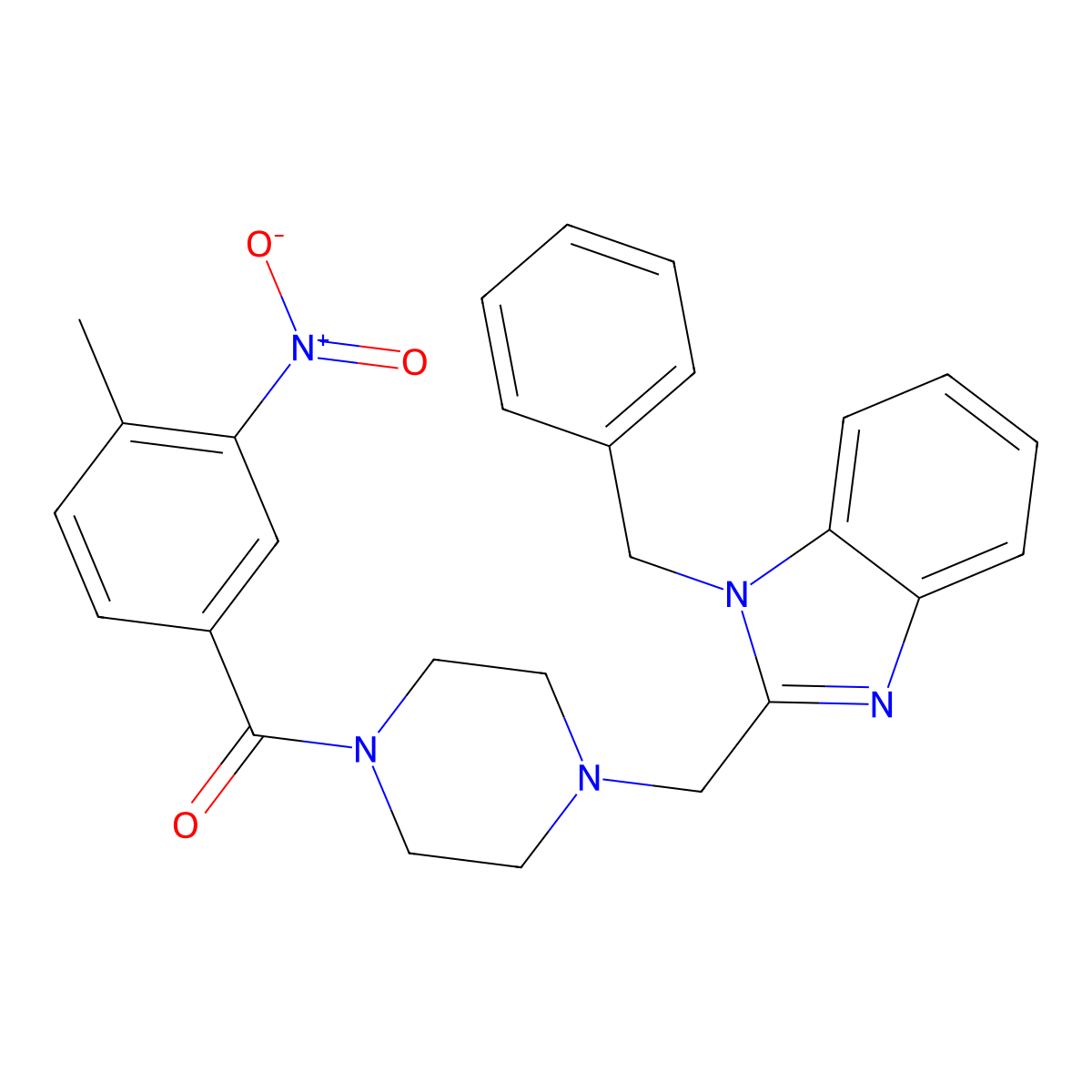 (4-((1-benzyl-1H-benzo[d]imidazol-2-yl)methyl)piperazin-1-yl)(4-methyl-3-nitrophenyl)methanone molecular structure, CAS 1170374-38-5