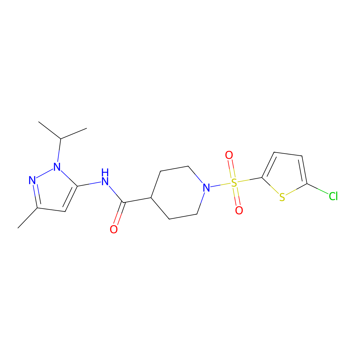 1-((5-chlorothiophen-2-yl)sulfonyl)-N-(1-isopropyl-3-methyl-1H-pyrazol-5-yl)piperidine-4-carboxamide molecular structure, CAS 1170377-05-5