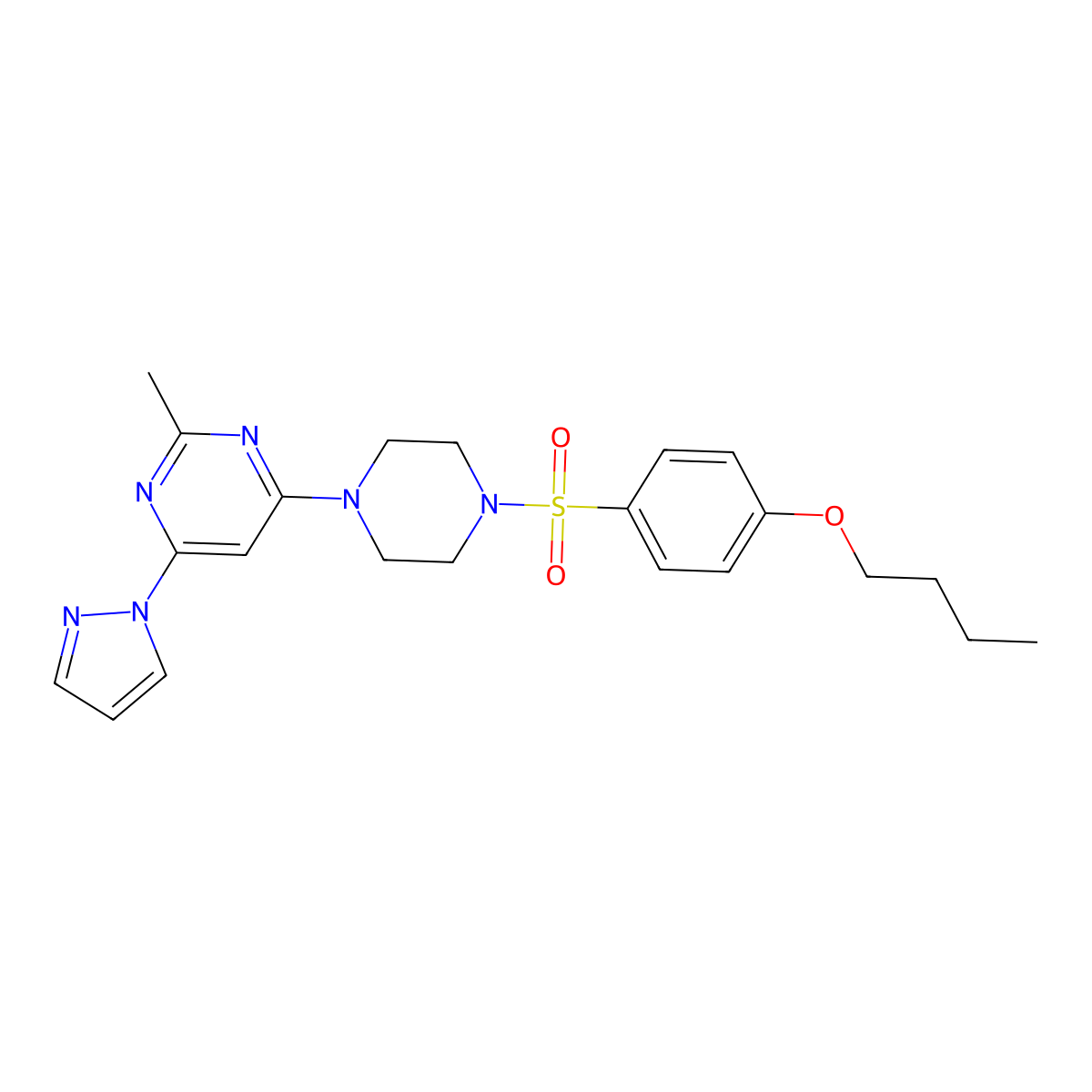 4-(4-((4-butoxyphenyl)sulfonyl)piperazin-1-yl)-2-methyl-6-(1H-pyrazol-1-yl)pyrimidine molecular structure, CAS 1170379-58-4