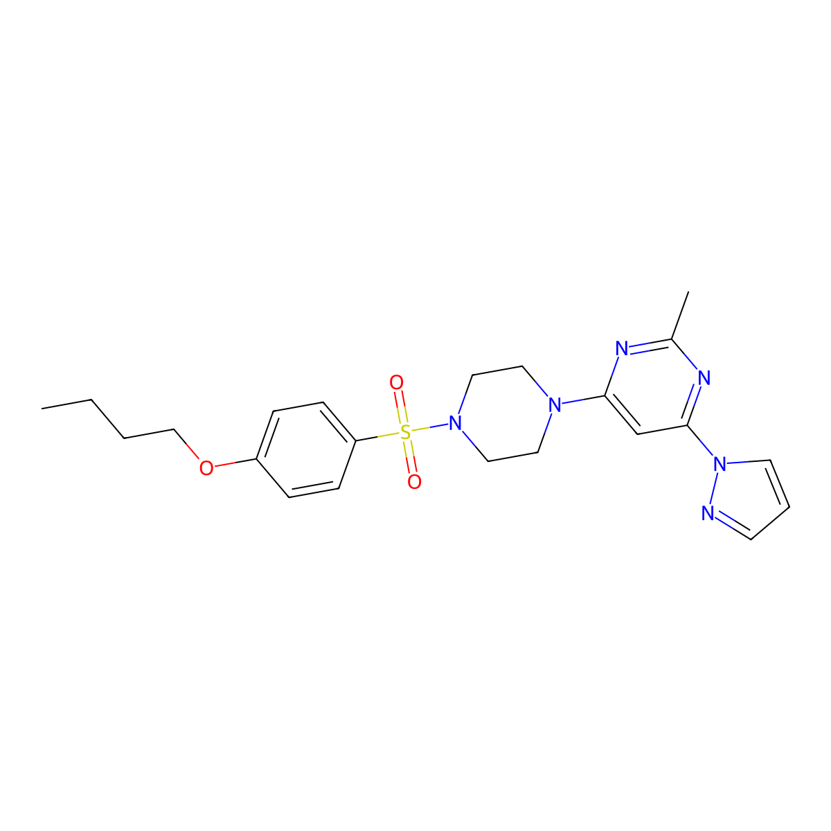 4-(4-((4-butoxyphenyl)sulfonyl)piperazin-1-yl)-2-methyl-6-(1H-pyrazol-1-yl)pyrimidine molecular structure, CAS 1170379-58-4