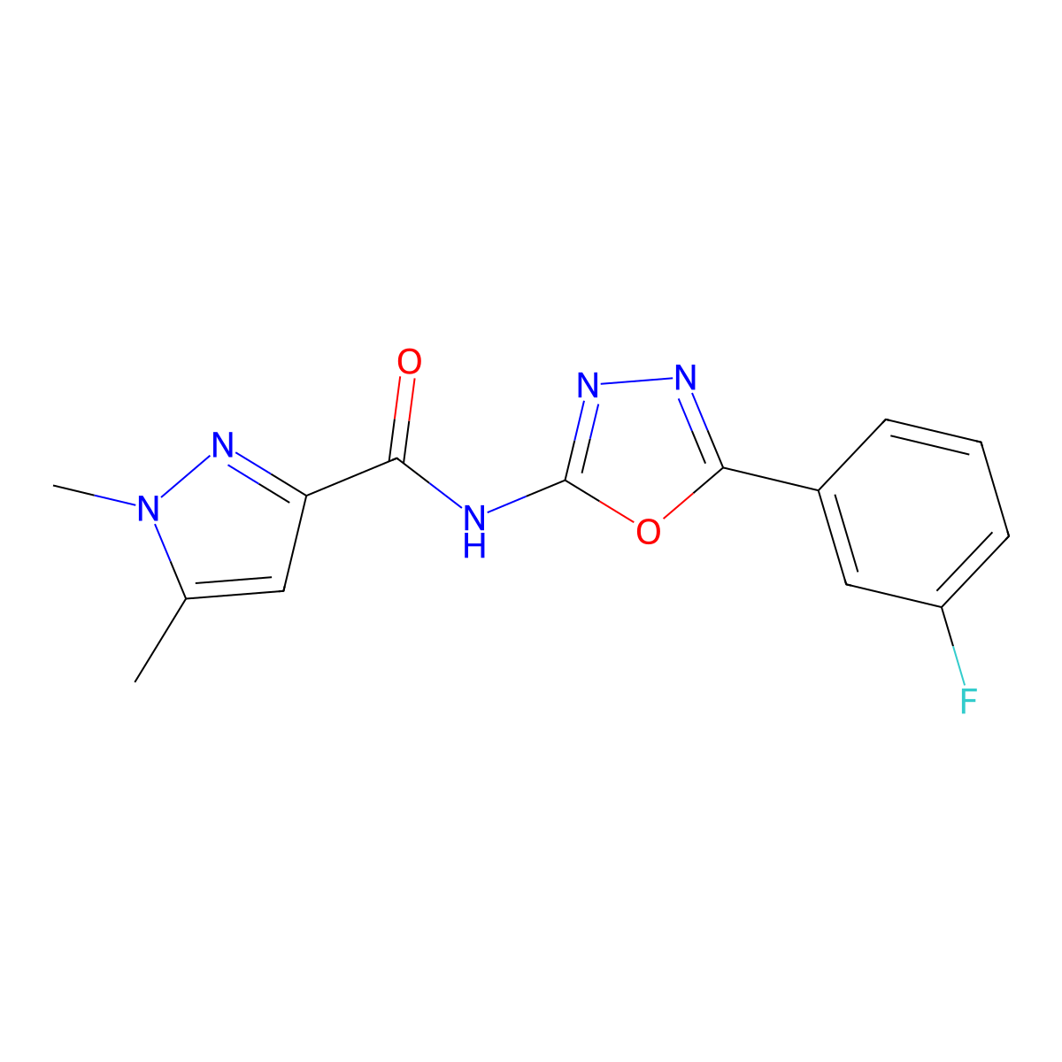 N-[5-(3-fluorophenyl)-1,3,4-oxadiazol-2-yl]-1,5-dimethyl-1H-pyrazole-3-carboxamide molecular structure, CAS 1170380-63-8