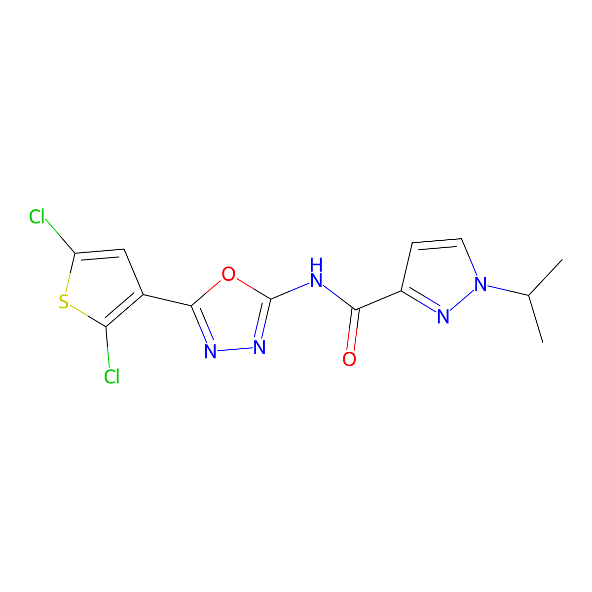 N-(5-(2,5-dichlorothiophen-3-yl)-1,3,4-oxadiazol-2-yl)-1-isopropyl-1H-pyrazole-3-carboxamide molecular structure, CAS 1170384-26-5