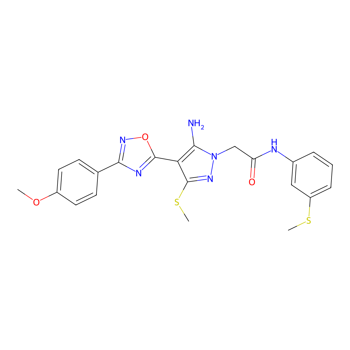 2-{5-amino-4-[3-(4-methoxyphenyl)-1,2,4-oxadiazol-5-yl]-3-(methylsulfanyl)-1H-pyrazol-1-yl}-N-[3-(methylsulfanyl)phenyl]acetamide molecular structure, CAS 1170386-56-7