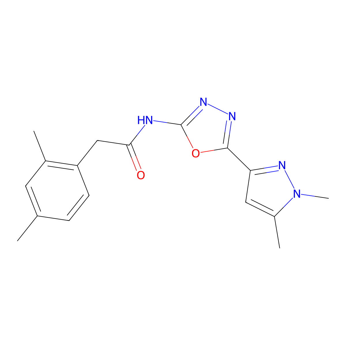 N-(5-(1,5-dimethyl-1H-pyrazol-3-yl)-1,3,4-oxadiazol-2-yl)-2-(2,4-dimethylphenyl)acetamide molecular structure, CAS 1170386-78-3