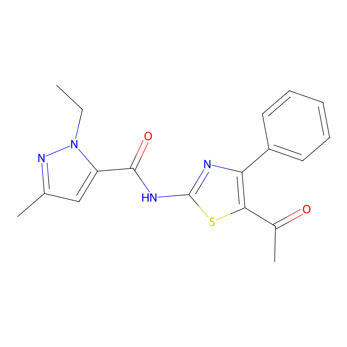 N-(5-acetyl-4-phenylthiazol-2-yl)-1-ethyl-3-methyl-1H-pyrazole-5-carboxamide molecular structure, CAS 1170387-05-9