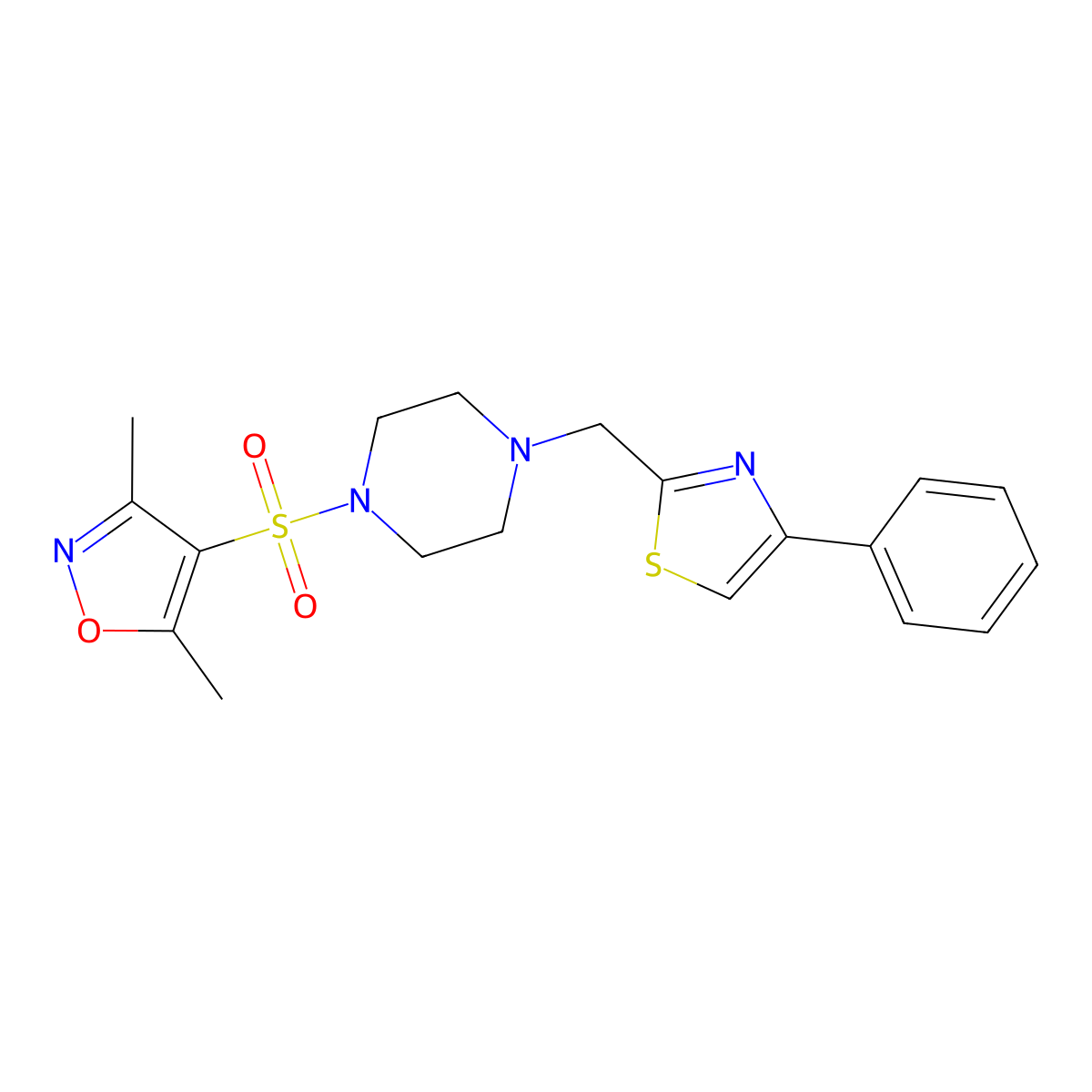 3,5-Dimethyl-4-((4-((4-phenylthiazol-2-yl)methyl)piperazin-1-yl)sulfonyl)isoxazole molecular structure, CAS 1170387-87-7